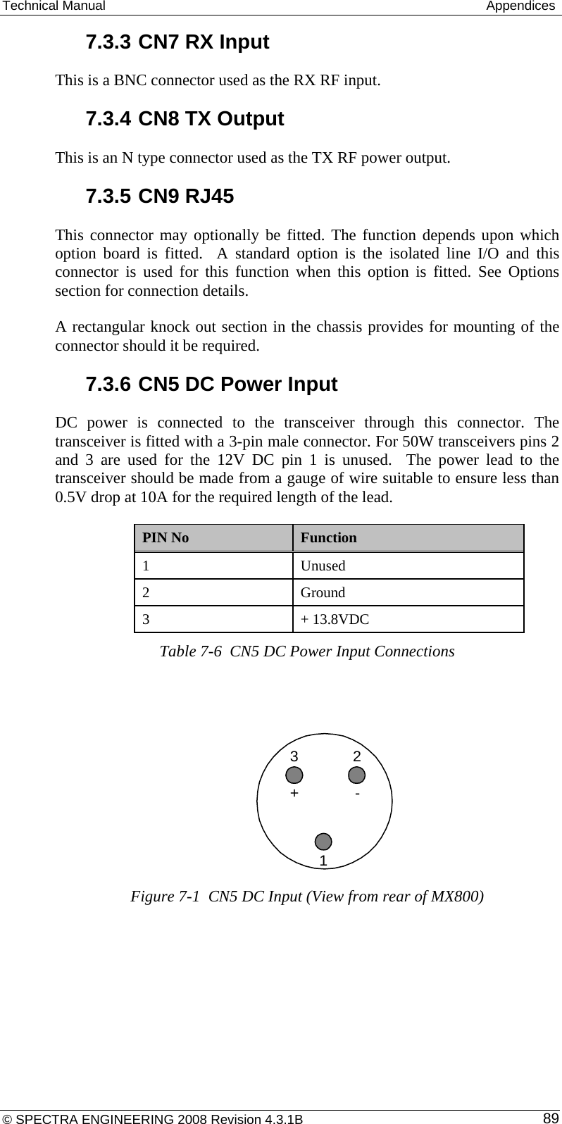 Technical Manual   Appendices 7.3.3 CN7 RX Input This is a BNC connector used as the RX RF input. 7.3.4 CN8 TX Output This is an N type connector used as the TX RF power output. 7.3.5 CN9 RJ45 This connector may optionally be fitted. The function depends upon which option board is fitted.  A standard option is the isolated line I/O and this connector is used for this function when this option is fitted. See Options section for connection details. A rectangular knock out section in the chassis provides for mounting of the connector should it be required. 7.3.6 CN5 DC Power Input DC power is connected to the transceiver through this connector. The transceiver is fitted with a 3-pin male connector. For 50W transceivers pins 2 and 3 are used for the 12V DC pin 1 is unused.  The power lead to the transceiver should be made from a gauge of wire suitable to ensure less than 0.5V drop at 10A for the required length of the lead. PIN No  Function 1 Unused  2 Ground 3 + 13.8VDC Table 7-6  CN5 DC Power Input Connections  312+-Figure 7-1  CN5 DC Input (View from rear of MX800) © SPECTRA ENGINEERING 2008 Revision 4.3.1B  89