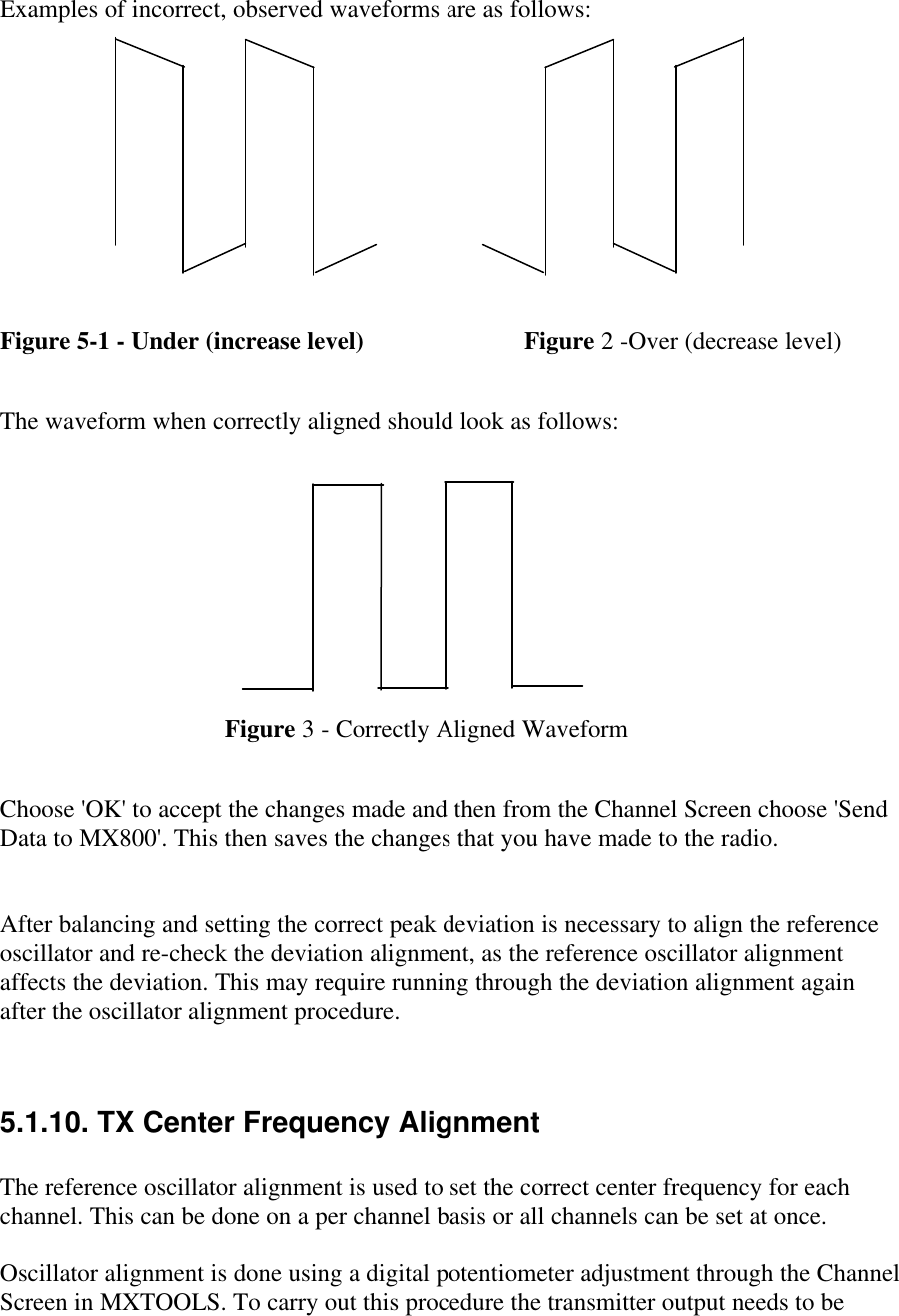 Examples of incorrect, observed waveforms are as follows:Figure 5-1 - Under (increase level)  Figure 2 -Over (decrease level)The waveform when correctly aligned should look as follows:Figure 3 - Correctly Aligned WaveformChoose &apos;OK&apos; to accept the changes made and then from the Channel Screen choose &apos;SendData to MX800&apos;. This then saves the changes that you have made to the radio.After balancing and setting the correct peak deviation is necessary to align the referenceoscillator and re-check the deviation alignment, as the reference oscillator alignmentaffects the deviation. This may require running through the deviation alignment againafter the oscillator alignment procedure.5.1.10. TX Center Frequency AlignmentThe reference oscillator alignment is used to set the correct center frequency for eachchannel. This can be done on a per channel basis or all channels can be set at once.Oscillator alignment is done using a digital potentiometer adjustment through the ChannelScreen in MXTOOLS. To carry out this procedure the transmitter output needs to be