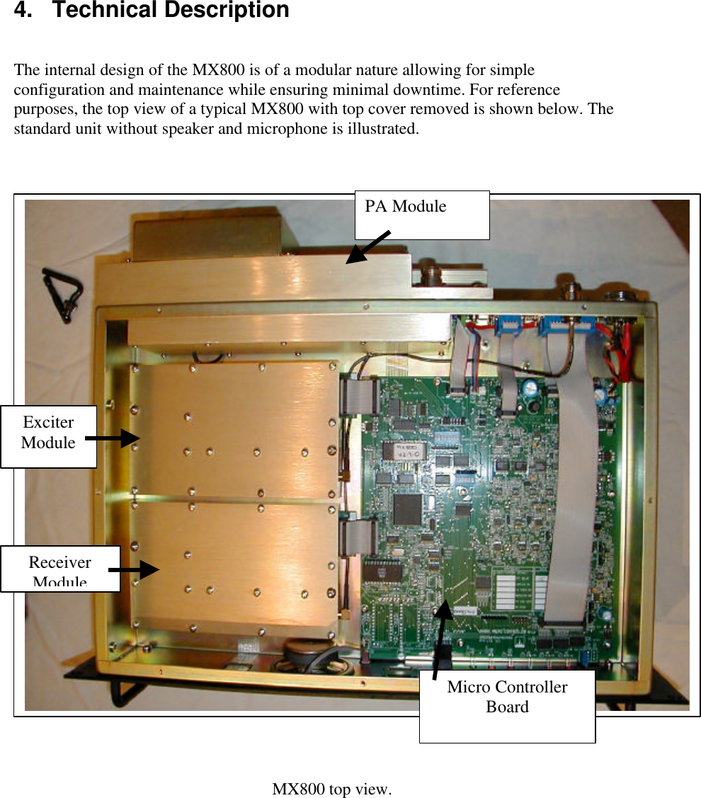 4.   Technical DescriptionThe internal design of the MX800 is of a modular nature allowing for simpleconfiguration and maintenance while ensuring minimal downtime. For referencepurposes, the top view of a typical MX800 with top cover removed is shown below. Thestandard unit without speaker and microphone is illustrated.MX800 top view.PA ModuleExciterModuleMicro ControllerBoardReceiverModule