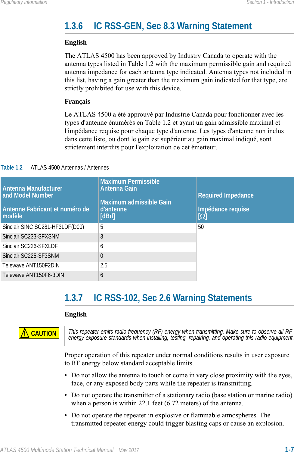 ATLAS 4500 Multimode Station Technical Manual May 2017 1-7Regulatory Information Section 1 - Introduction1.3.6 IC RSS-GEN, Sec 8.3 Warning StatementEnglishThe ATLAS 4500 has been approved by Industry Canada to operate with the antenna types listed in Table 1.2 with the maximum permissible gain and required antenna impedance for each antenna type indicated. Antenna types not included in this list, having a gain greater than the maximum gain indicated for that type, are strictly prohibited for use with this device.FrançaisLe ATLAS 4500 a été approuvé par Industrie Canada pour fonctionner avec les types d&apos;antenne énumérés en Table 1.2 et ayant un gain admissible maximal et l&apos;impédance requise pour chaque type d&apos;antenne. Les types d&apos;antenne non inclus dans cette liste, ou dont le gain est supérieur au gain maximal indiqué, sont strictement interdits pour l&apos;exploitation de cet émetteur. 1.3.7 IC RSS-102, Sec 2.6 Warning StatementsEnglishProper operation of this repeater under normal conditions results in user exposure to RF energy below standard acceptable limits.• Do not allow the antenna to touch or come in very close proximity with the eyes, face, or any exposed body parts while the repeater is transmitting.• Do not operate the transmitter of a stationary radio (base station or marine radio) when a person is within 22.1 feet (6.72 meters) of the antenna.• Do not operate the repeater in explosive or flammable atmospheres. The transmitted repeater energy could trigger blasting caps or cause an explosion.Table 1.2 ATLAS 4500 Antennas / AntennesAntenna Manufacturerand Model NumberAntenne Fabricant et numéro de modèleMaximum Permissible Antenna GainMaximum admissible Gain d&apos;antenne[dBd]Required ImpedanceImpédance requise[]Sinclair SINC SC281-HF3LDF(D00) 5 50Sinclair SC233-SFXSNM 3Sinclair SC226-SFXLDF 6Sinclair SC225-SF3SNM 0Telewave ANT150F2DIN 2.5Telewave ANT150F6-3DIN 6CAUTION!This repeater emits radio frequency (RF) energy when transmitting. Make sure to observe all RF energy exposure standards when installing, testing, repairing, and operating this radio equipment.