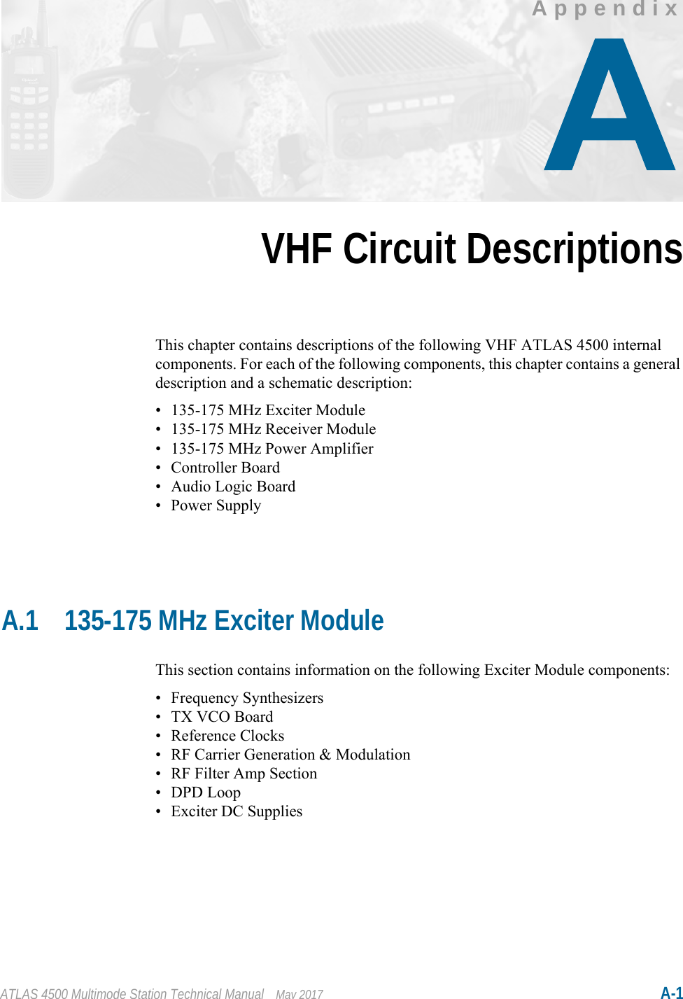 ATLAS 4500 Multimode Station Technical Manual May 2017 A-1AppendixChapter 6VHF Circuit DescriptionsThis chapter contains descriptions of the following VHF ATLAS 4500 internal components. For each of the following components, this chapter contains a general description and a schematic description:• 135-175 MHz Exciter Module• 135-175 MHz Receiver Module• 135-175 MHz Power Amplifier• Controller Board•Audio Logic Board• Power SupplyA.1 135-175 MHz Exciter ModuleThis section contains information on the following Exciter Module components:• Frequency Synthesizers• TX VCO Board• Reference Clocks• RF Carrier Generation &amp; Modulation• RF Filter Amp Section• DPD Loop• Exciter DC Supplies