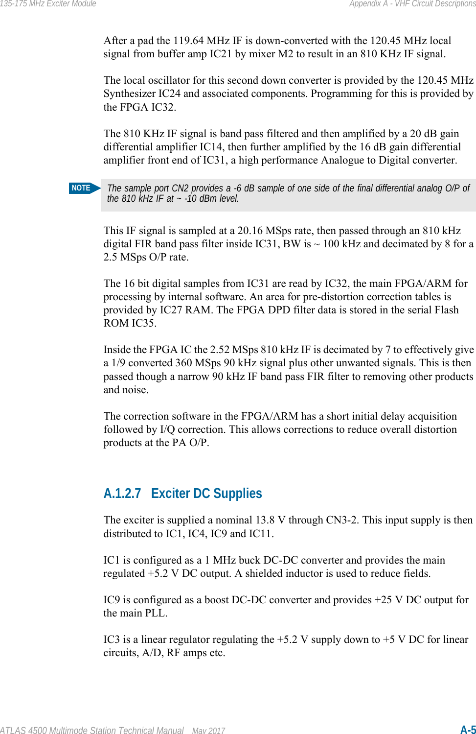 ATLAS 4500 Multimode Station Technical Manual May 2017 A-5135-175 MHz Exciter Module Appendix A - VHF Circuit DescriptionsAfter a pad the 119.64 MHz IF is down-converted with the 120.45 MHz local signal from buffer amp IC21 by mixer M2 to result in an 810 KHz IF signal.The local oscillator for this second down converter is provided by the 120.45 MHz Synthesizer IC24 and associated components. Programming for this is provided by the FPGA IC32.The 810 KHz IF signal is band pass filtered and then amplified by a 20 dB gain differential amplifier IC14, then further amplified by the 16 dB gain differential amplifier front end of IC31, a high performance Analogue to Digital converter. This IF signal is sampled at a 20.16 MSps rate, then passed through an 810 kHz digital FIR band pass filter inside IC31, BW is ~ 100 kHz and decimated by 8 for a 2.5 MSps O/P rate. The 16 bit digital samples from IC31 are read by IC32, the main FPGA/ARM for processing by internal software. An area for pre-distortion correction tables is provided by IC27 RAM. The FPGA DPD filter data is stored in the serial Flash ROM IC35.Inside the FPGA IC the 2.52 MSps 810 kHz IF is decimated by 7 to effectively give a 1/9 converted 360 MSps 90 kHz signal plus other unwanted signals. This is then passed though a narrow 90 kHz IF band pass FIR filter to removing other products and noise. The correction software in the FPGA/ARM has a short initial delay acquisition followed by I/Q correction. This allows corrections to reduce overall distortion products at the PA O/P.A.1.2.7 Exciter DC SuppliesThe exciter is supplied a nominal 13.8 V through CN3-2. This input supply is then distributed to IC1, IC4, IC9 and IC11.IC1 is configured as a 1 MHz buck DC-DC converter and provides the main regulated +5.2 V DC output. A shielded inductor is used to reduce fields.IC9 is configured as a boost DC-DC converter and provides +25 V DC output for the main PLL.IC3 is a linear regulator regulating the +5.2 V supply down to +5 V DC for linear circuits, A/D, RF amps etc.NOTEThe sample port CN2 provides a -6 dB sample of one side of the final differential analog O/P of the 810 kHz IF at ~ -10 dBm level.