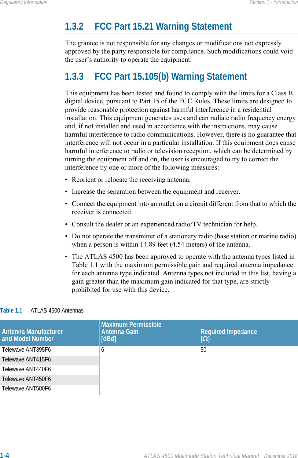 1-4 ATLAS 4500 Multimode Station Technical Manual December 2016Regulatory Information Section 1 - Introduction1.3.2 FCC Part 15.21 Warning StatementThe grantee is not responsible for any changes or modifications not expressly approved by the party responsible for compliance. Such modifications could void the user’s authority to operate the equipment.1.3.3 FCC Part 15.105(b) Warning StatementThis equipment has been tested and found to comply with the limits for a Class B digital device, pursuant to Part 15 of the FCC Rules. These limits are designed to provide reasonable protection against harmful interference in a residential installation. This equipment generates uses and can radiate radio frequency energy and, if not installed and used in accordance with the instructions, may cause harmful interference to radio communications. However, there is no guarantee that interference will not occur in a particular installation. If this equipment does cause harmful interference to radio or television reception, which can be determined by turning the equipment off and on, the user is encouraged to try to correct the interference by one or more of the following measures:• Reorient or relocate the receiving antenna.• Increase the separation between the equipment and receiver.• Connect the equipment into an outlet on a circuit different from that to which the receiver is connected.• Consult the dealer or an experienced radio/TV technician for help.• Do not operate the transmitter of a stationary radio (base station or marine radio) when a person is within 14.89 feet (4.54 meters) of the antenna.• The ATLAS 4500 has been approved to operate with the antenna types listed in Table 1.1 with the maximum permissible gain and required antenna impedance for each antenna type indicated. Antenna types not included in this list, having a gain greater than the maximum gain indicated for that type, are strictly prohibited for use with this device.Table 1.1 ATLAS 4500 AntennasAntenna Manufacturerand Model NumberMaximum Permissible Antenna Gain[dBd] Required Impedance[]Telewave ANT395F6 6 50Telewave ANT415F6Telewave ANT440F6Telewave ANT450F6Telewave ANT500F6