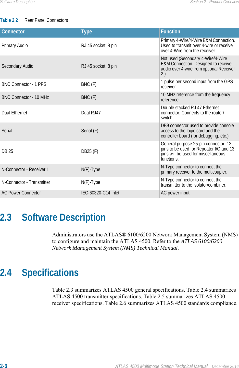 2-6 ATLAS 4500 Multimode Station Technical Manual December 2016Software Description Section 2 - Product Overview2.3 Software DescriptionAdministrators use the ATLAS® 6100/6200 Network Management System (NMS) to configure and maintain the ATLAS 4500. Refer to the ATLAS 6100/6200 Network Management System (NMS) Technical Manual.2.4 SpecificationsTable 2.3 summarizes ATLAS 4500 general specifications. Table 2.4 summarizes ATLAS 4500 transmitter specifications. Table 2.5 summarizes ATLAS 4500 receiver specifications. Table 2.6 summarizes ATLAS 4500 standards compliance. Table 2.2 Rear Panel ConnectorsConnector Type FunctionPrimary Audio RJ 45 socket, 8 pin  Primary 4-Wire/4-Wire E&amp;M Connection. Used to transmit over 4-wire or receive over 4-Wire from the receiver Secondary Audio RJ 45 socket, 8 pin Not used (Secondary 4-Wire/4-Wire E&amp;M Connection. Designed to receive audio over 4-wire from optional Receiver 2.)BNC Connector - 1 PPS BNC (F) 1 pulse per second input from the GPS receiver BNC Connector - 10 MHz BNC (F) 10 MHz reference from the frequency referenceDual Ethernet Dual RJ47 Double stacked RJ 47 Ethernet connector. Connects to the router/switch.Serial Serial (F) DB9 connector used to provide console access to the logic card and the controller board (for debugging, etc.)DB 25 DB25 (F)General purpose 25-pin connector. 12 pins to be used for Repeater I/O and 13 pins will be used for miscellaneous functions.N-Connector - Receiver 1 N(F)-Type N-Type connector to connect the primary receiver to the multicoupler.N-Connector - Transmitter N(F)-Type N-Type connector to connect the transmitter to the isolator/combiner.AC Power Connector IEC-60320-C14 Inlet AC power input