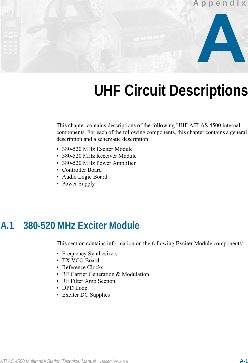 ATLAS 4500 Multimode Station Technical Manual December 2016 A-1AppendixChapter 6UHF Circuit DescriptionsThis chapter contains descriptions of the following UHF ATLAS 4500 internal components. For each of the following components, this chapter contains a general description and a schematic description:• 380-520 MHz Exciter Module• 380-520 MHz Receiver Module• 380-520 MHz Power Amplifier• Controller Board•Audio Logic Board• Power SupplyA.1 380-520 MHz Exciter ModuleThis section contains information on the following Exciter Module components:• Frequency Synthesizers• TX VCO Board• Reference Clocks• RF Carrier Generation &amp; Modulation• RF Filter Amp Section• DPD Loop• Exciter DC Supplies