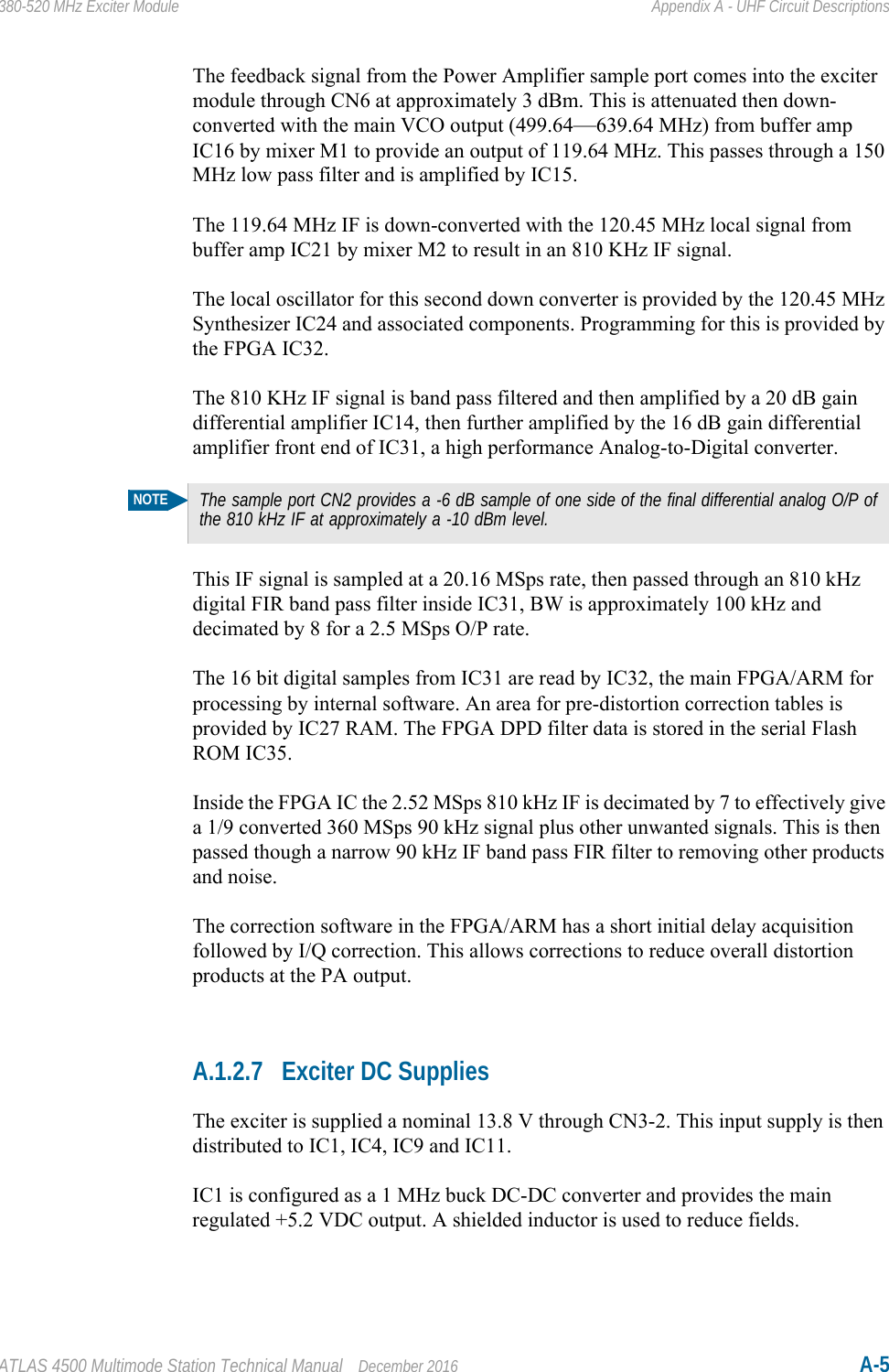 ATLAS 4500 Multimode Station Technical Manual December 2016 A-5380-520 MHz Exciter Module Appendix A - UHF Circuit DescriptionsThe feedback signal from the Power Amplifier sample port comes into the exciter module through CN6 at approximately 3 dBm. This is attenuated then down-converted with the main VCO output (499.64—639.64 MHz) from buffer amp IC16 by mixer M1 to provide an output of 119.64 MHz. This passes through a 150 MHz low pass filter and is amplified by IC15.The 119.64 MHz IF is down-converted with the 120.45 MHz local signal from buffer amp IC21 by mixer M2 to result in an 810 KHz IF signal.The local oscillator for this second down converter is provided by the 120.45 MHz Synthesizer IC24 and associated components. Programming for this is provided by the FPGA IC32.The 810 KHz IF signal is band pass filtered and then amplified by a 20 dB gain differential amplifier IC14, then further amplified by the 16 dB gain differential amplifier front end of IC31, a high performance Analog-to-Digital converter. This IF signal is sampled at a 20.16 MSps rate, then passed through an 810 kHz digital FIR band pass filter inside IC31, BW is approximately 100 kHz and decimated by 8 for a 2.5 MSps O/P rate. The 16 bit digital samples from IC31 are read by IC32, the main FPGA/ARM for processing by internal software. An area for pre-distortion correction tables is provided by IC27 RAM. The FPGA DPD filter data is stored in the serial Flash ROM IC35.Inside the FPGA IC the 2.52 MSps 810 kHz IF is decimated by 7 to effectively give a 1/9 converted 360 MSps 90 kHz signal plus other unwanted signals. This is then passed though a narrow 90 kHz IF band pass FIR filter to removing other products and noise. The correction software in the FPGA/ARM has a short initial delay acquisition followed by I/Q correction. This allows corrections to reduce overall distortion products at the PA output.A.1.2.7 Exciter DC SuppliesThe exciter is supplied a nominal 13.8 V through CN3-2. This input supply is then distributed to IC1, IC4, IC9 and IC11.IC1 is configured as a 1 MHz buck DC-DC converter and provides the main regulated +5.2 VDC output. A shielded inductor is used to reduce fields.NOTEThe sample port CN2 provides a -6 dB sample of one side of the final differential analog O/P of the 810 kHz IF at approximately a -10 dBm level.