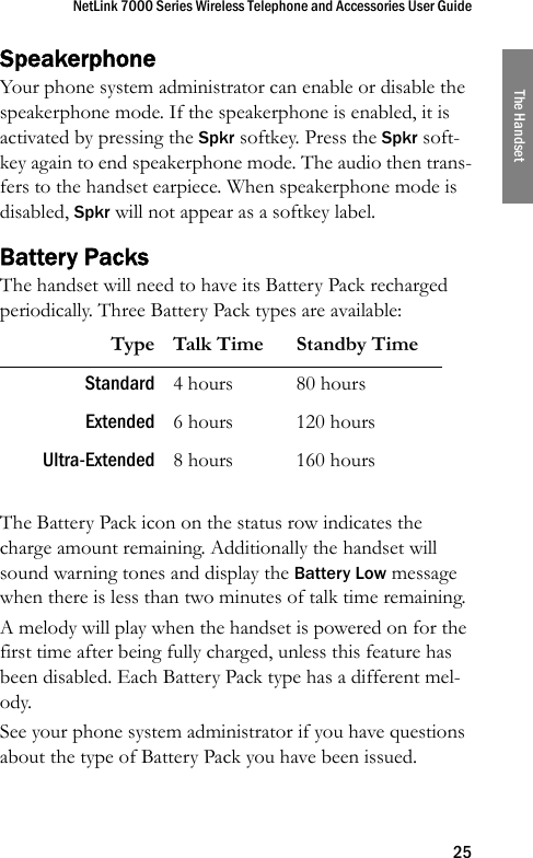 NetLink 7000 Series Wireless Telephone and Accessories User Guide25The HandsetSpeakerphoneYour phone system administrator can enable or disable the speakerphone mode. If the speakerphone is enabled, it is activated by pressing the Spkr softkey. Press the Spkr soft-key again to end speakerphone mode. The audio then trans-fers to the handset earpiece. When speakerphone mode is disabled, Spkr will not appear as a softkey label.Battery PacksThe handset will need to have its Battery Pack recharged periodically. Three Battery Pack types are available: The Battery Pack icon on the status row indicates the charge amount remaining. Additionally the handset will sound warning tones and display the Battery Low message when there is less than two minutes of talk time remaining.A melody will play when the handset is powered on for the first time after being fully charged, unless this feature has been disabled. Each Battery Pack type has a different mel-ody.See your phone system administrator if you have questions about the type of Battery Pack you have been issued.Type Talk Time Standby TimeStandard 4 hours 80 hoursExtended 6 hours 120 hoursUltra-Extended 8 hours 160 hours