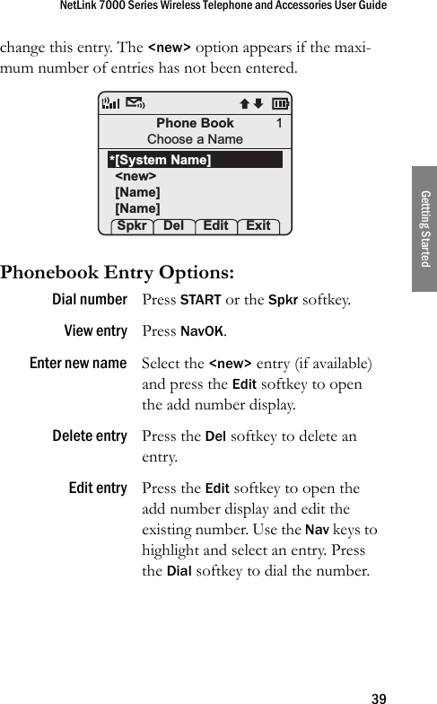 NetLink 7000 Series Wireless Telephone and Accessories User Guide39Gettting Startedchange this entry. The &lt;new&gt; option appears if the maxi-mum number of entries has not been entered. Phonebook Entry Options: Dial number Press START or the Spkr softkey.View entry Press NavOK.Enter new name Select the &lt;new&gt; entry (if available) and press the Edit softkey to open the add number display.Delete entry Press the Del softkey to delete an entry.Edit entry Press the Edit softkey to open the add number display and edit the existing number. Use the Nav keys to highlight and select an entry. Press the Dial softkey to dial the number.Phone BookChoose a Name[System Name]&lt;new&gt;[Name][Name] Spkr Del  Edit Exit1*