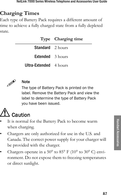 NetLink 7000 Series Wireless Telephone and Accessories User Guide87Handset AccessoriesCharging TimesEach type of Battery Pack requires a different amount of time to achieve a fully charged state from a fully depleted state. ! Caution• It is normal for the Battery Pack to become warm when charging.• Chargers are only authorized for use in the U.S. and Canada. The correct power supply for your charger will be provided with the charger. • Chargers operate in a 50° to 85° F (10° to 30° C) envi-ronment. Do not expose them to freezing temperatures or direct sunlight.Type Charging timeStandard 2 hoursExtended 3 hoursUltra-Extended 4 hoursNoteThe type of Battery Pack is printed on the label. Remove the Battery Pack and view the label to determine the type of Battery Pack you have been issued.
