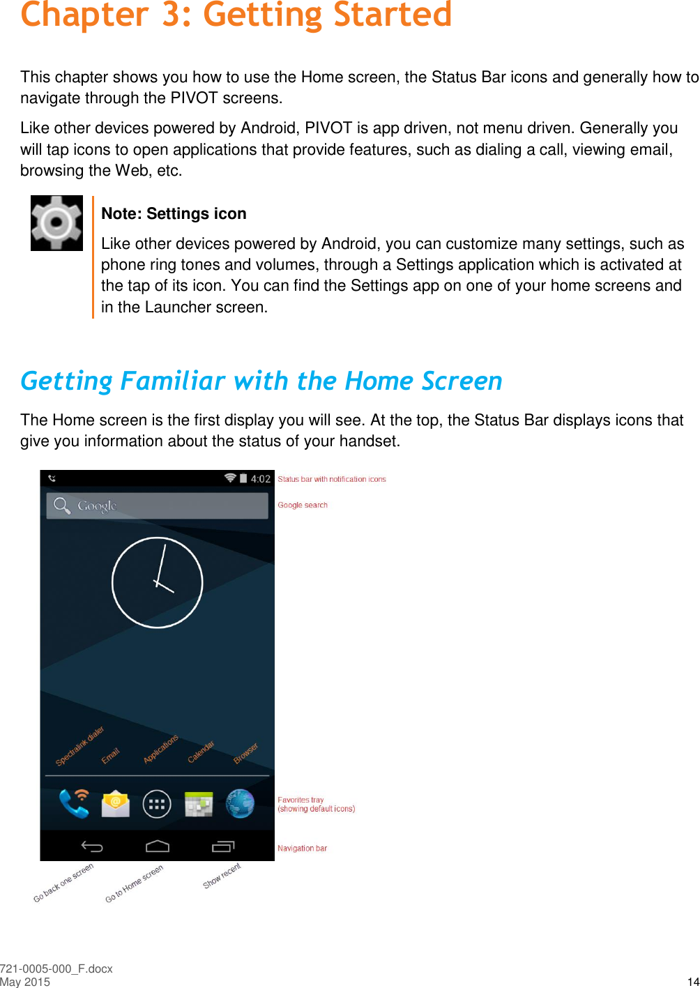  721-0005-000_F.docx May 2015 14 Chapter 3: Getting Started This chapter shows you how to use the Home screen, the Status Bar icons and generally how to navigate through the PIVOT screens. Like other devices powered by Android, PIVOT is app driven, not menu driven. Generally you will tap icons to open applications that provide features, such as dialing a call, viewing email, browsing the Web, etc.   Note: Settings icon Like other devices powered by Android, you can customize many settings, such as phone ring tones and volumes, through a Settings application which is activated at the tap of its icon. You can find the Settings app on one of your home screens and in the Launcher screen.  Getting Familiar with the Home Screen The Home screen is the first display you will see. At the top, the Status Bar displays icons that give you information about the status of your handset.  