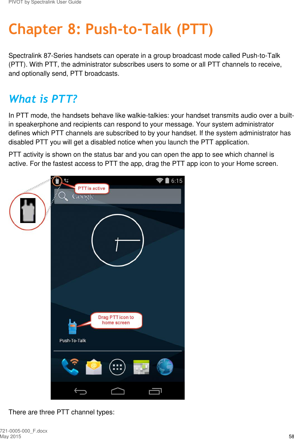 PIVOT by Spectralink User Guide 721-0005-000_F.docx May 2015 58 Chapter 8: Push-to-Talk (PTT) Spectralink 87-Series handsets can operate in a group broadcast mode called Push-to-Talk (PTT). With PTT, the administrator subscribes users to some or all PTT channels to receive, and optionally send, PTT broadcasts.  What is PTT? In PTT mode, the handsets behave like walkie-talkies: your handset transmits audio over a built-in speakerphone and recipients can respond to your message. Your system administrator defines which PTT channels are subscribed to by your handset. If the system administrator has disabled PTT you will get a disabled notice when you launch the PTT application. PTT activity is shown on the status bar and you can open the app to see which channel is active. For the fastest access to PTT the app, drag the PTT app icon to your Home screen.  There are three PTT channel types:  