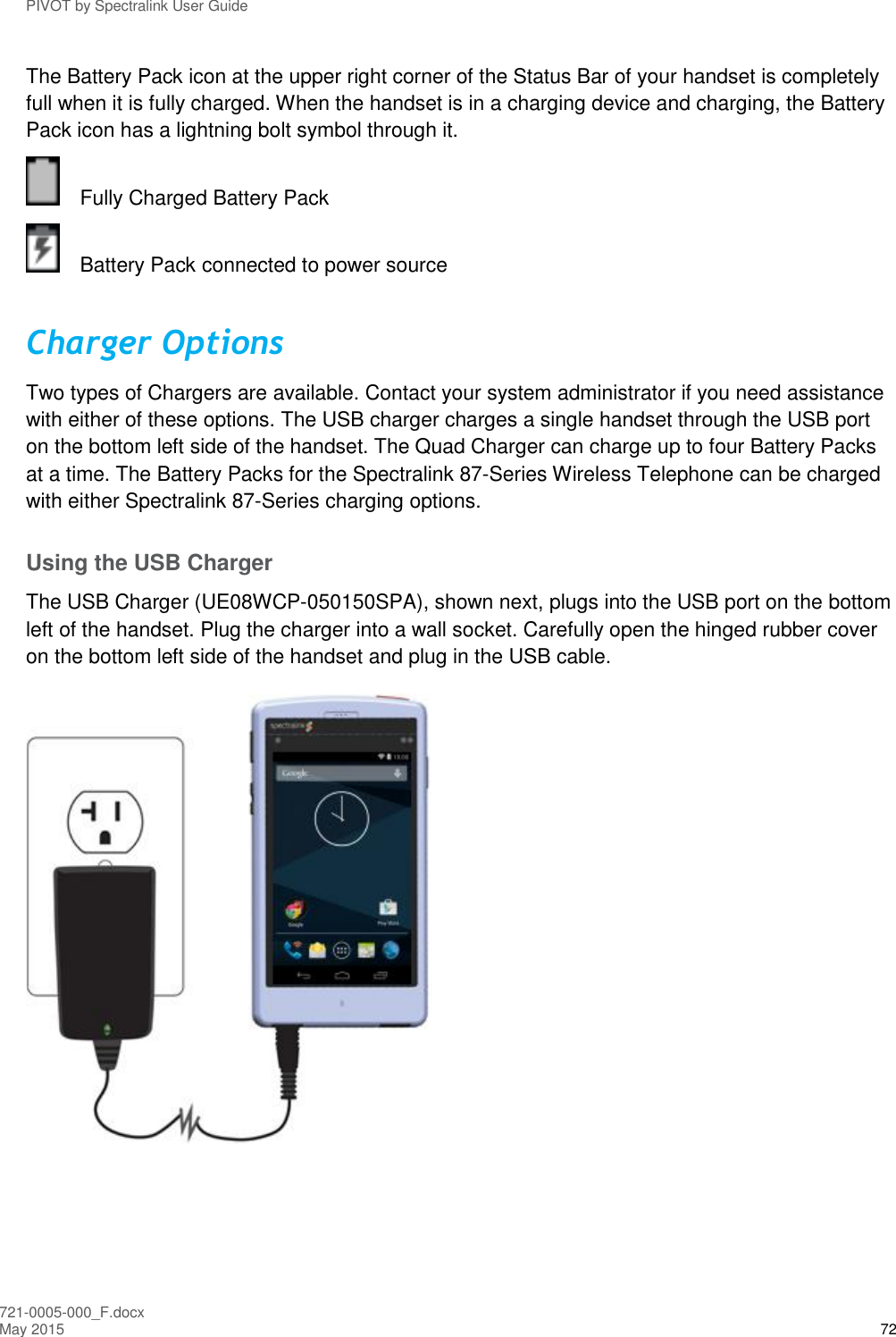 PIVOT by Spectralink User Guide 721-0005-000_F.docx May 2015 72 The Battery Pack icon at the upper right corner of the Status Bar of your handset is completely full when it is fully charged. When the handset is in a charging device and charging, the Battery Pack icon has a lightning bolt symbol through it.   Fully Charged Battery Pack   Battery Pack connected to power source Charger Options Two types of Chargers are available. Contact your system administrator if you need assistance with either of these options. The USB charger charges a single handset through the USB port on the bottom left side of the handset. The Quad Charger can charge up to four Battery Packs at a time. The Battery Packs for the Spectralink 87-Series Wireless Telephone can be charged with either Spectralink 87-Series charging options. Using the USB Charger The USB Charger (UE08WCP-050150SPA), shown next, plugs into the USB port on the bottom left of the handset. Plug the charger into a wall socket. Carefully open the hinged rubber cover on the bottom left side of the handset and plug in the USB cable.   