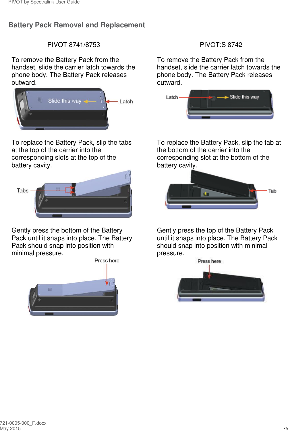 PIVOT by Spectralink User Guide 721-0005-000_F.docx May 2015 75 Battery Pack Removal and Replacement PIVOT 8741/8753  PIVOT:S 8742 To remove the Battery Pack from the handset, slide the carrier latch towards the phone body. The Battery Pack releases outward.  To remove the Battery Pack from the handset, slide the carrier latch towards the phone body. The Battery Pack releases outward.    To replace the Battery Pack, slip the tabs at the top of the carrier into the corresponding slots at the top of the battery cavity.  To replace the Battery Pack, slip the tab at the bottom of the carrier into the corresponding slot at the bottom of the battery cavity.    Gently press the bottom of the Battery Pack until it snaps into place. The Battery Pack should snap into position with minimal pressure.  Gently press the top of the Battery Pack until it snaps into place. The Battery Pack should snap into position with minimal pressure.        