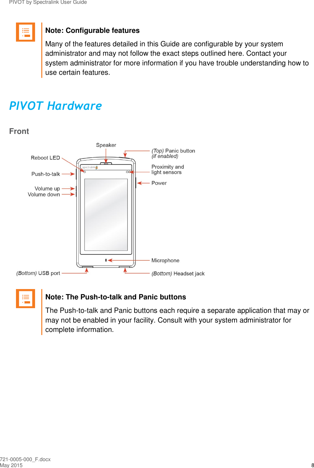 PIVOT by Spectralink User Guide 721-0005-000_F.docx May 2015 8  Note: Configurable features Many of the features detailed in this Guide are configurable by your system administrator and may not follow the exact steps outlined here. Contact your system administrator for more information if you have trouble understanding how to use certain features.  PIVOT Hardware Front    Note: The Push-to-talk and Panic buttons The Push-to-talk and Panic buttons each require a separate application that may or may not be enabled in your facility. Consult with your system administrator for complete information.  