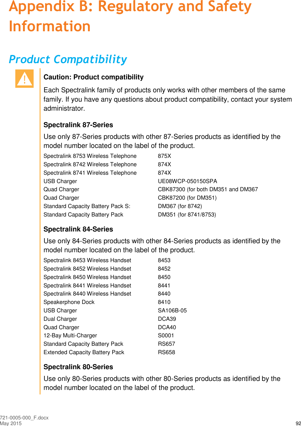  721-0005-000_F.docx May 2015 92 Appendix B: Regulatory and Safety Information Product Compatibility  Caution: Product compatibility Each Spectralink family of products only works with other members of the same family. If you have any questions about product compatibility, contact your system administrator. Spectralink 87-Series Use only 87-Series products with other 87-Series products as identified by the model number located on the label of the product. Spectralink 8753 Wireless Telephone  875X Spectralink 8742 Wireless Telephone  874X Spectralink 8741 Wireless Telephone  874X USB Charger  UE08WCP-050150SPA Quad Charger  CBK87300 (for both DM351 and DM367 Quad Charger   CBK87200 (for DM351) Standard Capacity Battery Pack S:  DM367 (for 8742) Standard Capacity Battery Pack  DM351 (for 8741/8753) Spectralink 84-Series Use only 84-Series products with other 84-Series products as identified by the model number located on the label of the product. Spectralink 8453 Wireless Handset  8453 Spectralink 8452 Wireless Handset  8452 Spectralink 8450 Wireless Handset  8450 Spectralink 8441 Wireless Handset  8441 Spectralink 8440 Wireless Handset  8440 Speakerphone Dock  8410 USB Charger  SA106B-05 Dual Charger  DCA39 Quad Charger  DCA40 12-Bay Multi-Charger  S0001 Standard Capacity Battery Pack  RS657 Extended Capacity Battery Pack  RS658 Spectralink 80-Series Use only 80-Series products with other 80-Series products as identified by the model number located on the label of the product. 