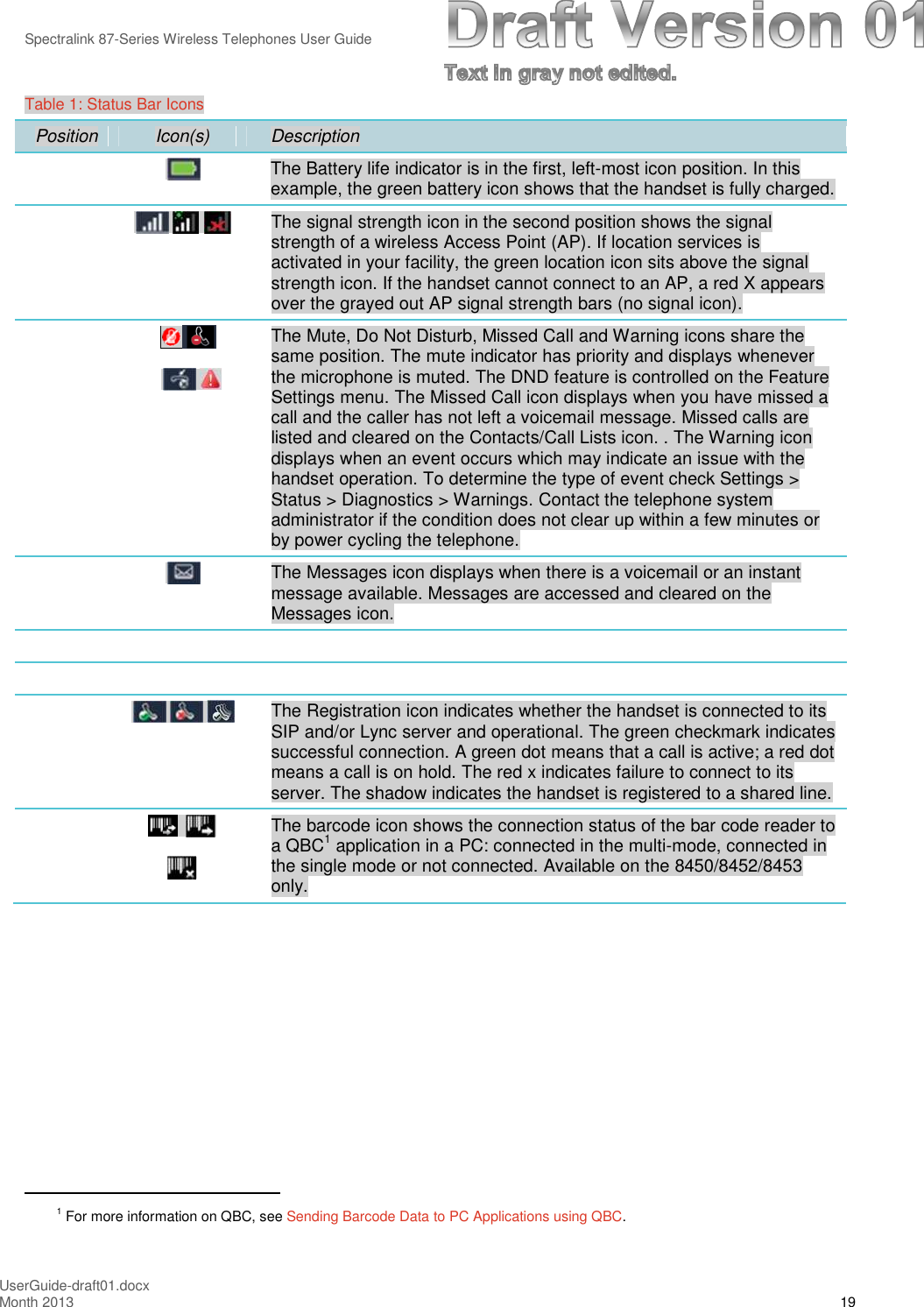 Spectralink 87-Series Wireless Telephones User GuideUserGuide-draft01.docxMonth 2013 19Table 1: Status Bar IconsPosition Icon(s) DescriptionThe Battery life indicator is in the first, left-most icon position. In thisexample, the green battery icon shows that the handset is fully charged.The signal strength icon in the second position shows the signalstrength of a wireless Access Point (AP). If location services isactivated in your facility, the green location icon sits above the signalstrength icon. If the handset cannot connect to an AP, a red X appearsover the grayed out AP signal strength bars (no signal icon).The Mute, Do Not Disturb, Missed Call and Warning icons share thesame position. The mute indicator has priority and displays wheneverthe microphone is muted. The DND feature is controlled on the FeatureSettings menu. The Missed Call icon displays when you have missed acall and the caller has not left a voicemail message. Missed calls arelisted and cleared on the Contacts/Call Lists icon. . The Warning icondisplays when an event occurs which may indicate an issue with thehandset operation. To determine the type of event check Settings &gt;Status &gt; Diagnostics &gt; Warnings. Contact the telephone systemadministrator if the condition does not clear up within a few minutes orby power cycling the telephone.The Messages icon displays when there is a voicemail or an instantmessage available. Messages are accessed and cleared on theMessages icon.The Registration icon indicates whether the handset is connected to itsSIP and/or Lync server and operational. The green checkmark indicatessuccessful connection. A green dot means that a call is active; a red dotmeans a call is on hold. The red x indicates failure to connect to itsserver. The shadow indicates the handset is registered to a shared line.The barcode icon shows the connection status of the bar code reader toa QBC1application in a PC: connected in the multi-mode, connected inthe single mode or not connected. Available on the 8450/8452/8453only.1For more information on QBC, see Sending Barcode Data to PC Applications using QBC.