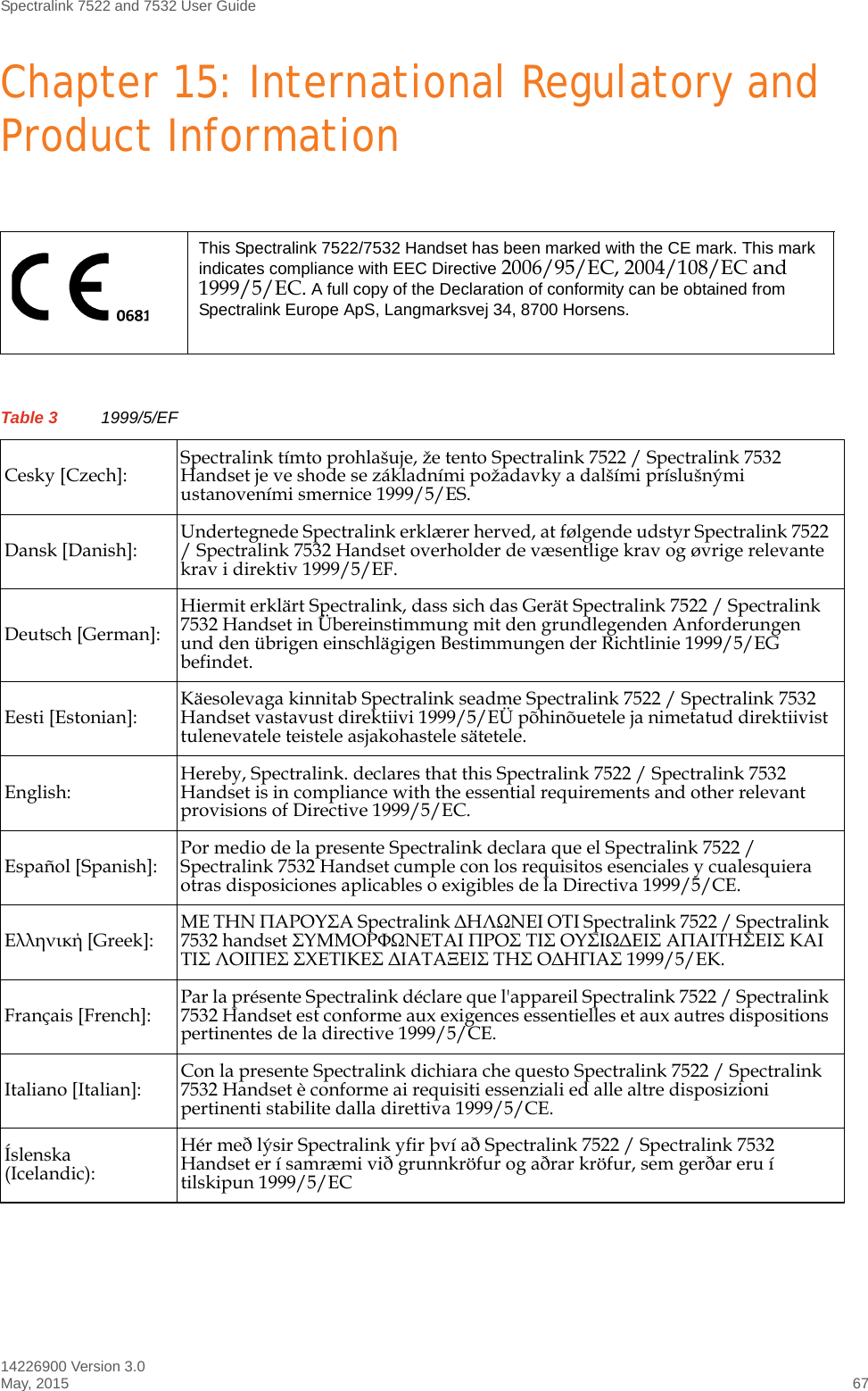 Spectralink 7522 and 7532 User Guide14226900 Version 3.0May, 2015 67Chapter 15: International Regulatory and Product InformationThis Spectralink 7522/7532 Handset has been marked with the CE mark. This mark indicates compliance with EEC Directive 2006/95/EC, 2004/108/EC and 1999/5/EC. A full copy of the Declaration of conformity can be obtained from Spectralink Europe ApS, Langmarksvej 34, 8700 Horsens.Table 3 1999/5/EFCesky [Czech]: Spectralink tímto prohlašuje, že tento Spectralink 7522 / Spectralink 7532 Handset je ve shode se základními požadavky a dalšími príslušnými ustanoveními smernice 1999/5/ES.Dansk [Danish]: Undertegnede Spectralink erklærer herved, at følgende udstyr Spectralink 7522 / Spectralink 7532 Handset overholder de væsentlige krav og øvrige relevante krav i direktiv 1999/5/EF.Deutsch [German]:Hiermit erklärt Spectralink, dass sich das Gerät Spectralink 7522 / Spectralink 7532 Handset in Übereinstimmung mit den grundlegenden Anforderungen und den übrigen einschlägigen Bestimmungen der Richtlinie 1999/5/EG befindet.Eesti [Estonian]: Käesolevaga kinnitab Spectralink seadme Spectralink 7522 / Spectralink 7532 Handset vastavust direktiivi 1999/5/EÜ põhinõuetele ja nimetatud direktiivist tulenevatele teistele asjakohastele sätetele.English: Hereby, Spectralink. declares that this Spectralink 7522 / Spectralink 7532 Handset is in compliance with the essential requirements and other relevant provisions of Directive 1999/5/EC.Español [Spanish]: Por medio de la presente Spectralink declara que el Spectralink 7522 / Spectralink 7532 Handset cumple con los requisitos esenciales y cualesquiera otras disposiciones aplicables o exigibles de la Directiva 1999/5/CE.Ελληνική [Greek]: ΜΕ ΤΗΝ ΠΑΡΟΥΣΑ Spectralink ΔΗΛΩΝΕΙ ΟΤΙ Spectralink 7522 / Spectralink 7532 handset ΣΥΜΜΟΡΦΩΝΕΤΑΙ ΠΡΟΣ ΤΙΣ ΟΥΣΙΩΔΕΙΣ ΑΠΑΙΤΗΣΕΙΣ ΚΑΙ ΤΙΣ ΛΟΙΠΕΣ ΣΧΕΤΙΚΕΣ ΔΙΑΤΑΞΕΙΣ ΤΗΣ ΟΔΗΓΙΑΣ 1999/5/ΕΚ.Français [French]: Par la présente Spectralink déclare que l&apos;appareil Spectralink 7522 / Spectralink 7532 Handset est conforme aux exigences essentielles et aux autres dispositions pertinentes de la directive 1999/5/CE.Italiano [Italian]: Con la presente Spectralink dichiara che questo Spectralink 7522 / Spectralink 7532 Handset è conforme ai requisiti essenziali ed alle altre disposizioni pertinenti stabilite dalla direttiva 1999/5/CE.Íslenska (Icelandic):Hér með lýsir Spectralink yfir því að Spectralink 7522 / Spectralink 7532 Handset er í samræmi við grunnkröfur og aðrar kröfur, sem gerðar eru í tilskipun 1999/5/EC