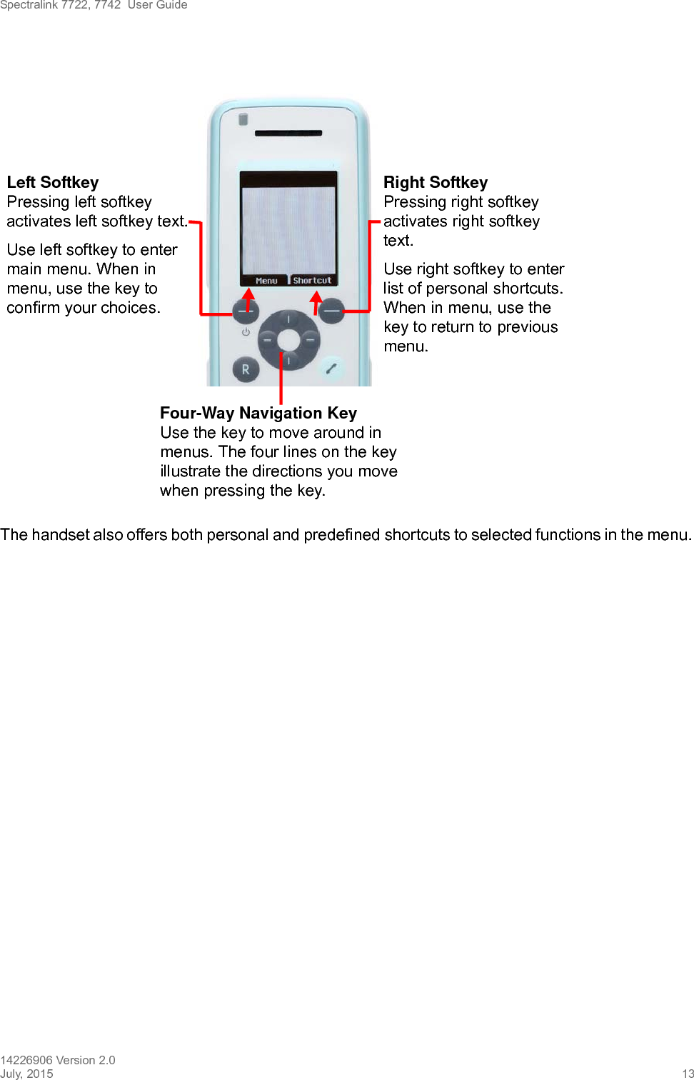 Spectralink 7722, 7742  User Guide14226906 Version 2.0July, 2015 13The handset also offers both personal and predefined shortcuts to selected functions in the menu. Four-Way Navigation KeyUse the key to move around in menus. The four lines on the key illustrate the directions you move when pressing the key.Right SoftkeyPressing right softkey activates right softkey text.Use right softkey to enter list of personal shortcuts. When in menu, use the key to return to previous menu.Left SoftkeyPressing left softkey activates left softkey text.Use left softkey to enter main menu. When in menu, use the key to confirm your choices. 