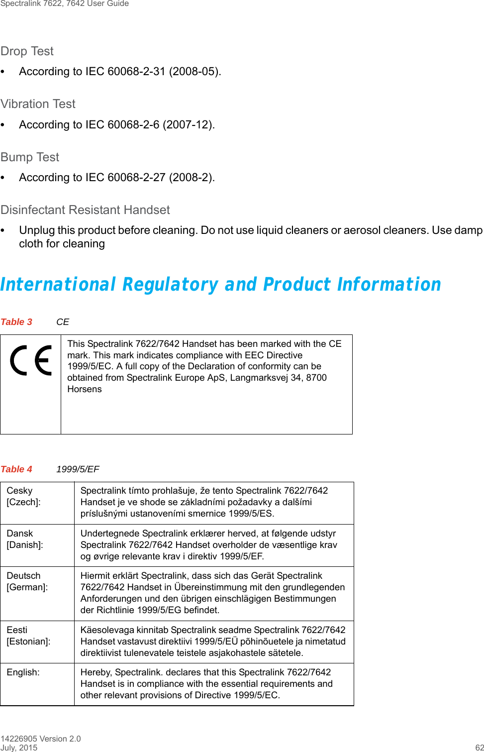 Spectralink 7622, 7642 User Guide14226905 Version 2.0July, 2015 62Drop Test•According to IEC 60068-2-31 (2008-05).Vibration Test•According to IEC 60068-2-6 (2007-12).Bump Test•According to IEC 60068-2-27 (2008-2).Disinfectant Resistant Handset•Unplug this product before cleaning. Do not use liquid cleaners or aerosol cleaners. Use damp cloth for cleaningInternational Regulatory and Product InformationTable 3 CEThis Spectralink 7622/7642 Handset has been marked with the CE mark. This mark indicates compliance with EEC Directive 1999/5/EC. A full copy of the Declaration of conformity can be obtained from Spectralink Europe ApS, Langmarksvej 34, 8700 HorsensTable 4 1999/5/EFCesky [Czech]:Spectralink tímto prohlašuje, že tento Spectralink 7622/7642 Handset je ve shode se základními požadavky a dalšími príslušnými ustanoveními smernice 1999/5/ES.Dansk [Danish]:Undertegnede Spectralink erklærer herved, at følgende udstyr Spectralink 7622/7642 Handset overholder de væsentlige krav og øvrige relevante krav i direktiv 1999/5/EF.Deutsch [German]:Hiermit erklärt Spectralink, dass sich das Gerät Spectralink 7622/7642 Handset in Übereinstimmung mit den grundlegenden Anforderungen und den übrigen einschlägigen Bestimmungen der Richtlinie 1999/5/EG befindet.Eesti [Estonian]:Käesolevaga kinnitab Spectralink seadme Spectralink 7622/7642 Handset vastavust direktiivi 1999/5/EÜ põhinõuetele ja nimetatud direktiivist tulenevatele teistele asjakohastele sätetele.English: Hereby, Spectralink. declares that this Spectralink 7622/7642 Handset is in compliance with the essential requirements and other relevant provisions of Directive 1999/5/EC.