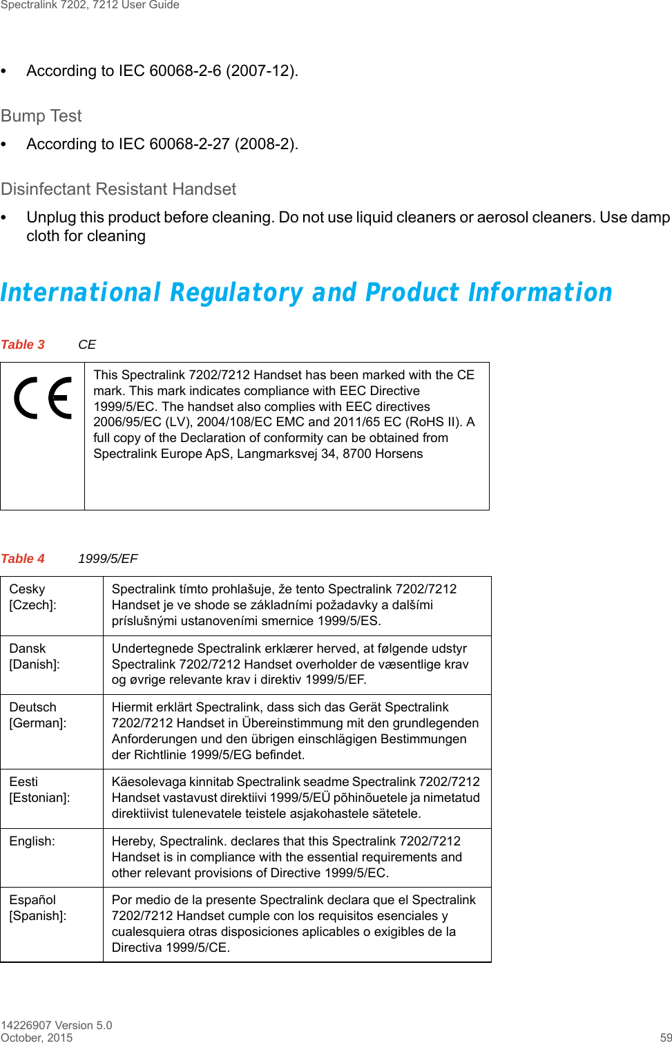 Spectralink 7202, 7212 User Guide14226907 Version 5.0October, 2015 59•According to IEC 60068-2-6 (2007-12).Bump Test•According to IEC 60068-2-27 (2008-2).Disinfectant Resistant Handset•Unplug this product before cleaning. Do not use liquid cleaners or aerosol cleaners. Use damp cloth for cleaningInternational Regulatory and Product InformationTable 3 CEThis Spectralink 7202/7212 Handset has been marked with the CE mark. This mark indicates compliance with EEC Directive 1999/5/EC. The handset also complies with EEC directives 2006/95/EC (LV), 2004/108/EC EMC and 2011/65 EC (RoHS II). A full copy of the Declaration of conformity can be obtained from Spectralink Europe ApS, Langmarksvej 34, 8700 HorsensTable 4 1999/5/EFCesky [Czech]:Spectralink tímto prohlašuje, že tento Spectralink 7202/7212 Handset je ve shode se základními požadavky a dalšími príslušnými ustanoveními smernice 1999/5/ES.Dansk [Danish]:Undertegnede Spectralink erklærer herved, at følgende udstyr Spectralink 7202/7212 Handset overholder de væsentlige krav og øvrige relevante krav i direktiv 1999/5/EF.Deutsch [German]:Hiermit erklärt Spectralink, dass sich das Gerät Spectralink 7202/7212 Handset in Übereinstimmung mit den grundlegenden Anforderungen und den übrigen einschlägigen Bestimmungen der Richtlinie 1999/5/EG befindet.Eesti [Estonian]:Käesolevaga kinnitab Spectralink seadme Spectralink 7202/7212 Handset vastavust direktiivi 1999/5/EÜ põhinõuetele ja nimetatud direktiivist tulenevatele teistele asjakohastele sätetele.English: Hereby, Spectralink. declares that this Spectralink 7202/7212 Handset is in compliance with the essential requirements and other relevant provisions of Directive 1999/5/EC.Español [Spanish]:Por medio de la presente Spectralink declara que el Spectralink 7202/7212 Handset cumple con los requisitos esenciales y cualesquiera otras disposiciones aplicables o exigibles de la Directiva 1999/5/CE.