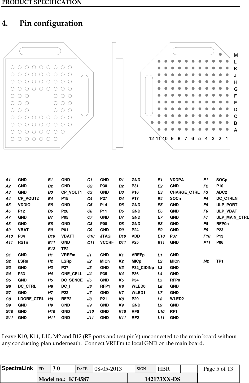 PRODUCT SPECIFICATION      SpectraLink ED  3.0 DATE 08-05-2013 SIGN HBR  Page 5 of 13 Model no.:  KT4587 142173XX-DS    4.     Pin configuration    A1 GND B1 GND C1 GND D1 GND E1 VDDPA F1 SOCp A2 GND B2 GND C2 P30 D2 P31 E2 GND F2 P10 A3 GND B3 CP_VOUT1 C3 GND D3 P16 E3 CHARGE_CTRL F3 ADC2 A4 CP_VOUT2 B4 P15 C4 P27 D4 P17 E4 SOCn F4 DC_CTRLN A5 VDDIO B5 GND C5 P14 D5 GND E5 GND F5 ULP_PORT A6 P12 B6 P26 C6 P11 D6 GND E6 GND F6 ULP_VBAT A7 GND B7 P05 C7 GND D7 GND E7 GND F7 ULP_MAIN_CTRL A8 GND B8 GND C8 P00 D8 GND E8 GND F8 RFP0n A9 VBAT B9 P01 C9 GND D9 P24 E9 GND F9 P23 A10 P04 B10 VBATT C10 JTAG D10 VDD E10 P07 F10 P13 A11 RSTn B11 GND C11 VCCRF D11 P25 E11 GND F11 P06   B12 TP2         G1 GND H1 VREFm J1 GND K1 VREFp L1 GND   G2 LSRn H2 LSRp J2 MICh K2 MICp L2 MICn M2 TP1 G3 GND H3 P37 J3 GND K3 P32_CIDINp L3 GND   G4 P33 H4 ONE_CELL J4 P35 K4 P36 L4 GND   G5 GND H5 DC_SENCE J5 GND K5 P34 L5 RFP0   G6 DC_CTRL H6 DC_I J6 RFP1 K6 WLED0 L6 GND   G7 GND H7 P22 J7 GND K7 WLED1 L7 GND   G8 LDORF_CTRL H8 RFP2 J8 P21 K8 P20 L8 WLED2   G9 GND H9 GND J9 GND K9 GND L9 GND   G10 GND H10 GND J10 GND K10 RF0 L10 RF1   G11 GND H11 GND J11 GND K11 RF2 L11 GND                              Leave K10, K11, L10, M2 and B12 (RF ports and test pin’s) unconnected to the main board without any conducting plan underneath.  Connect VREFm to local GND on the main board.   