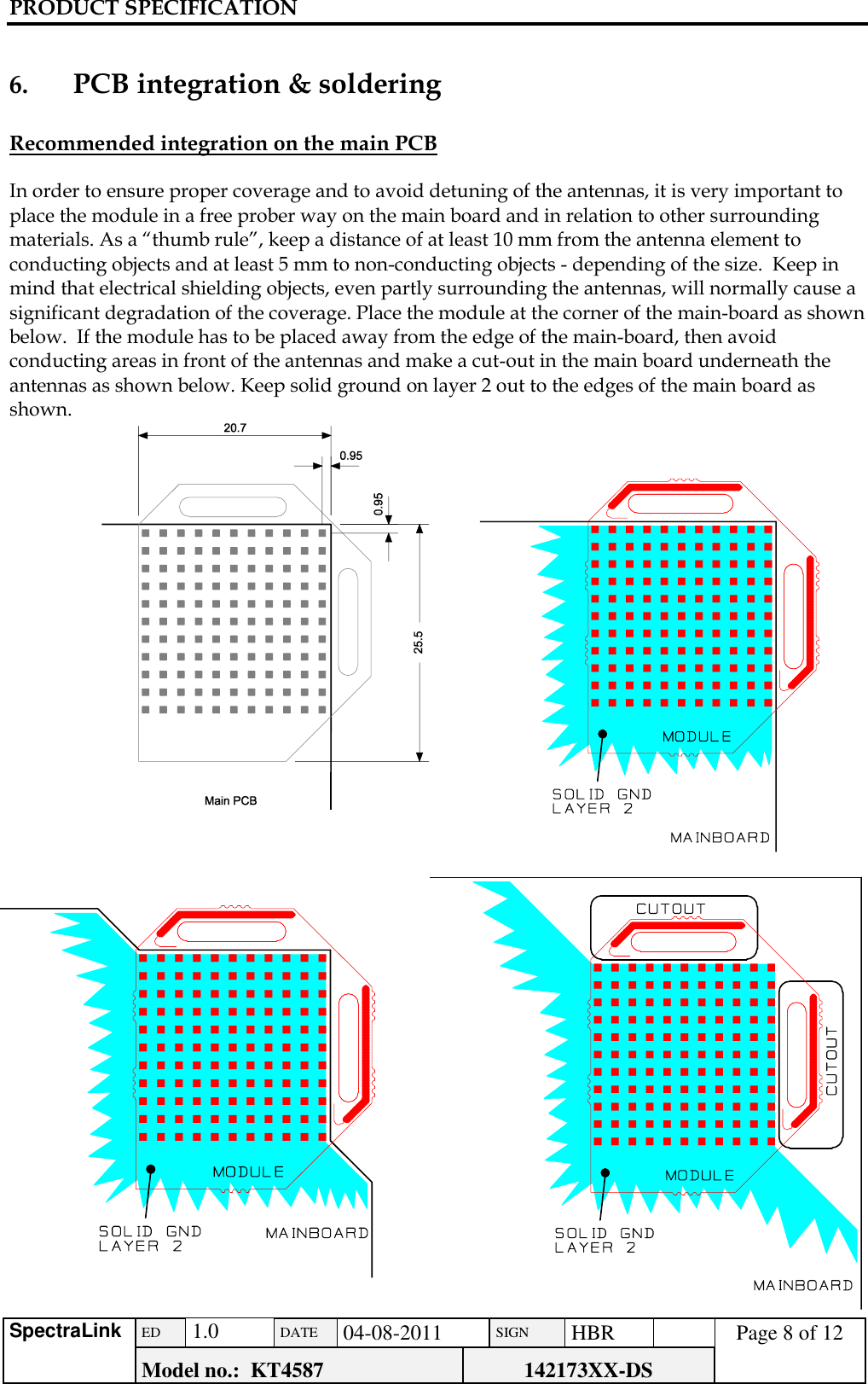 PRODUCT SPECIFICATION      SpectraLink ED  1.0 DATE 04-08-2011 SIGN HBR  Page 8 of 12 Model no.:  KT4587 142173XX-DS    6.     PCB integration &amp; soldering      Recommended integration on the main PCB  In order to ensure proper coverage and to avoid detuning of the antennas, it is very important to place the module in a free prober way on the main board and in relation to other surrounding materials. As a “thumb rule”, keep a distance of at least 10 mm from the antenna element to conducting objects and at least 5 mm to non-conducting objects - depending of the size.  Keep in mind that electrical shielding objects, even partly surrounding the antennas, will normally cause a significant degradation of the coverage. Place the module at the corner of the main-board as shown below.  If the module has to be placed away from the edge of the main-board, then avoid conducting areas in front of the antennas and make a cut-out in the main board underneath the antennas as shown below. Keep solid ground on layer 2 out to the edges of the main board as shown.                                        