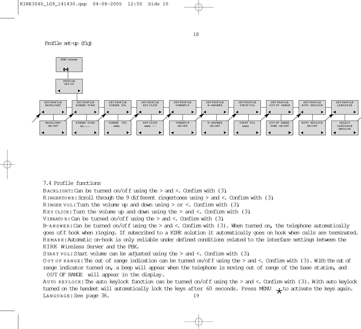 1819Profile set-up (fig)7.4 Profile functionsBACKLIGHT:Can be turned on/of f using the &gt; and &lt;. Confirm with ( 3 ).RINGERTONE:Scroll through the 9 dif ferent ringertones using &gt; and &lt;. Confirm with ( 3 ).RINGER VOL:Turn the volume up and down using &gt; or &lt;. Confirm with ( 3 ).KEY CLICK:Turn the volume up and down using the &gt; and &lt;. Confirm with ( 3 ).VIBRATOR:Can be turned on/of f using the &gt; and &lt;. Confirm with ( 3 ).B- ANSWER:Can be turned on/of f using the &gt; and &lt;. Confirm with ( 3 ). When turned on, the telephone automaticallygoes of f hook when ringing. If subscribed to a KIRK solution it automatically goes on hook when calls are terminated.REMARK:Automatic on-hook is only reliable under defined conditions related to the interface settings between the KIRK Wireless Server and the PBX.ST ART VOL:Start volume can be adjusted using the &gt; and &lt;. Confirm with ( 3 ).OUT OF RANGE:The out of range indication can be turned on/of f using the &gt; and &lt;. Confirm with ( 3 ). W ith the out of range indicator turned on, a beep will appear when the telephone is moving out of range of the base st ation, andOUT OF RANGE will appear in the display.AUTO KEYLOCK:The auto keylock function can be turned on/of f using the &gt; and &lt;. Confirm with ( 3 ). W ith auto keylockturned on the handset will automatically lock the keys af ter 60 seconds. Press MENU  *to activate the keys again.LANGUAGE:See page 36.KIRK telecomSET PROFILEBACKLIGHTSET PROFILERINGER TONESET PROFILERINGER VOLSET PROFILEKEY CLICKSET PROFILEVIBRATORSET PROFILEB-ANSWERSET PROFILESTART VOLSET PROFILEOUT OF RANGEBACKLIGHTON/OFFRINGER TONE1,2.........RINGER  VOLzzzzz KEY CLICKzzzzz  - - -VIBRATORON/OFFB-ANSWERON/OFFSTART VOLzzzzzOUT OF RANGE TONE ON/OFFPROFILESET UPSET PROFILEAUTO KEYLOCKAUTO KEYLOCKON/OFFSET PROFILELANGUAGESELECTLANGUAGEENGLISHKIRK3040_1G9_141430.qxp  04-08-2005  12:50  Side 10