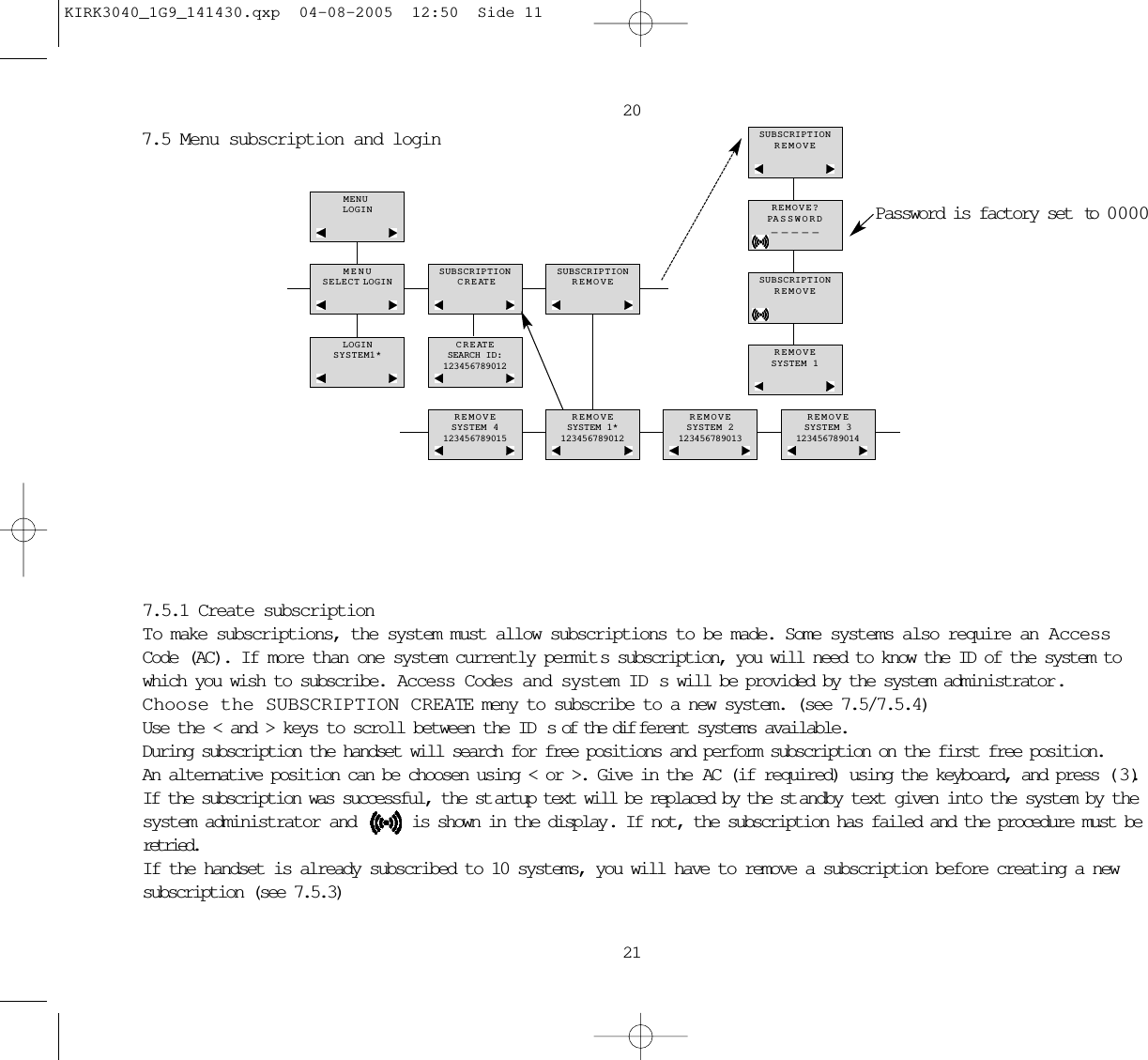 20217.5 Menu subscription and loginPassword is factory set  to 0000LOGINSYSTEM1*CREATESEARCH ID:123456789012REMOVESYSTEM 4123456789015REMOVESYSTEM 1*123456789012REMOVESYSTEM 2123456789013REMOVESYSTEM 3123456789014MENU LOGINMENUSELECT LOGINSUBSCRIPTIONCREATESUBSCRIPTIONREMOVEREMOVE?PASSWORD_ _ _ _ _SUBSCRIPTIONREMOVEREMOVESYSTEM 1SUBSCRIPTIONREMOVE7.5.1 Create subscriptionTo make subscriptions, the system must allow subscriptions to be made. Some systems also require an AccessCode (AC). If more than one system currently permit s subscription, you will need to know the ID of the system towhich you wish to subscribe. Access Codes and system IDs will be provided by the system administrator . Choose the SUBSCRIPTION CREATE meny to subscribe to a new system. (see 7.5/7.5.4)Use the &lt; and &gt; keys to scroll between the ID s of the dif ferent systems available. During subscription the handset will search for free positions and perform subscription on the first free position.An alternative position can be choosen using &lt; or &gt;. Give in the  AC (if required) using the keyboard, and press ( 3 ).If the subscription was successful, the st artup text will be replaced by the st andby text given into the system by thesystem administrator and  is shown in the display. If not, the subscription has failed and the procedure must beretried.If the handset is already subscribed to 10 systems, you will have to remove a subscription before creating a newsubscription (see 7.5.3)KIRK3040_1G9_141430.qxp  04-08-2005  12:50  Side 11