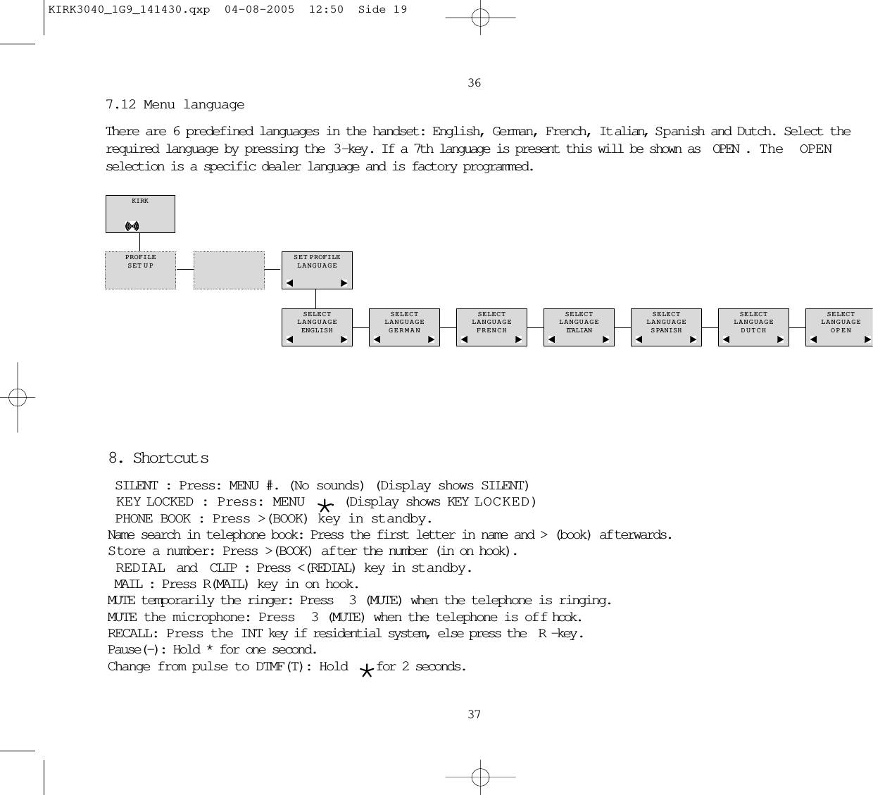 36377.12 Menu languageThere are 6 predefined languages in the handset: English, German, French, It alian, S p anish and Dutch. Select therequired language by pressing the  3 -key. If a 7th language is present this will be shown as OPEN.  The OPENselection is a specific dealer language and is factory programmed. KIRKPROFILESET UPSET PROFILELANGUAGESELECTLANGUAGEENGLISHSELECTLANGUAGEGERMANSELECTLANGUAGEFRENCHSELECTLANGUAGEIT ALIANSELECTLANGUAGESPANISHSELECTLANGUAGEDUTCHSELECTLANGUAGEOPEN8. Shortcut sSILENT: Press: MENU #. (No sounds) (Display shows SILENT)KEY LOCKED: Press: MENU *. (Display shows KEY LOCKED)PHONE BOOK: Press &gt;(BOOK) key in standby.Name search in telephone book: Press the first letter in name and &gt; (book) af terwards.Store a number: Press &gt;(BOOK) af ter the number (in on hook).REDIAL and CLIP: Press &lt;(REDIAL) key in st andby.MAIL: Press R(MAIL) key in on hook.MUTE temporarily the ringer: Press  3 (MUTE) when the telephone is ringing.MUTE the microphone: Press  3(MUTE) when the telephone is of f hook.RECALL: Press the INT key if residential system, else press the R-key .Pause(-): Hold * for one second.Change from pulse to DTMF(T): Hold  *for 2 seconds.KIRK3040_1G9_141430.qxp  04-08-2005  12:50  Side 19