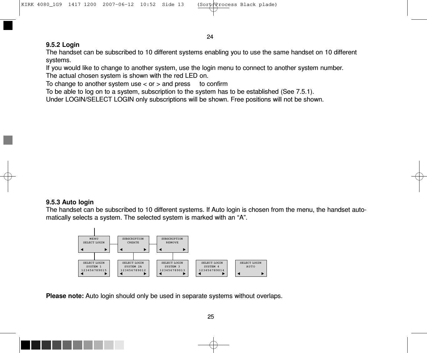 KIRK 4080_1G9  1417 1200  2007-06-12  10:52  Side 13    (Sort/Process Black plade)     24 9.5.2 Login The handset can be subscribed to 10 different systems enabling you to use the same handset on 10 different systems. If you would like to change to another system, use the login menu to connect to another system number. The actual chosen system is shown with the red LED on. To change to another system use &lt; or &gt; and press     to confirm To be able to log on to a system, subscription to the system has to be established (See 7.5.1). Under LOGIN/SELECT LOGIN only subscriptions will be shown. Free positions will not be shown.                9.5.3 Auto login The handset can be subscribed to 10 different systems. If Auto login is chosen from the menu, the handset auto- matically selects a system. The selected system is marked with an “A”.   MENU SELECT LOGIN   SUBSCRIPTION CREATE   SUBSCRIPTION REMOVE     SELECT LOGIN SYSTEM 1 123456789015     SELECT LOGIN SYSTEM 2A 123456789012     SELECT LOGIN SYSTEM 3 123456789013     SELECT LOGIN SYSTEM 4 123456789014     SELECT LOGIN AUTO      Please note: Auto login should only be used in separate systems without overlaps.   25 