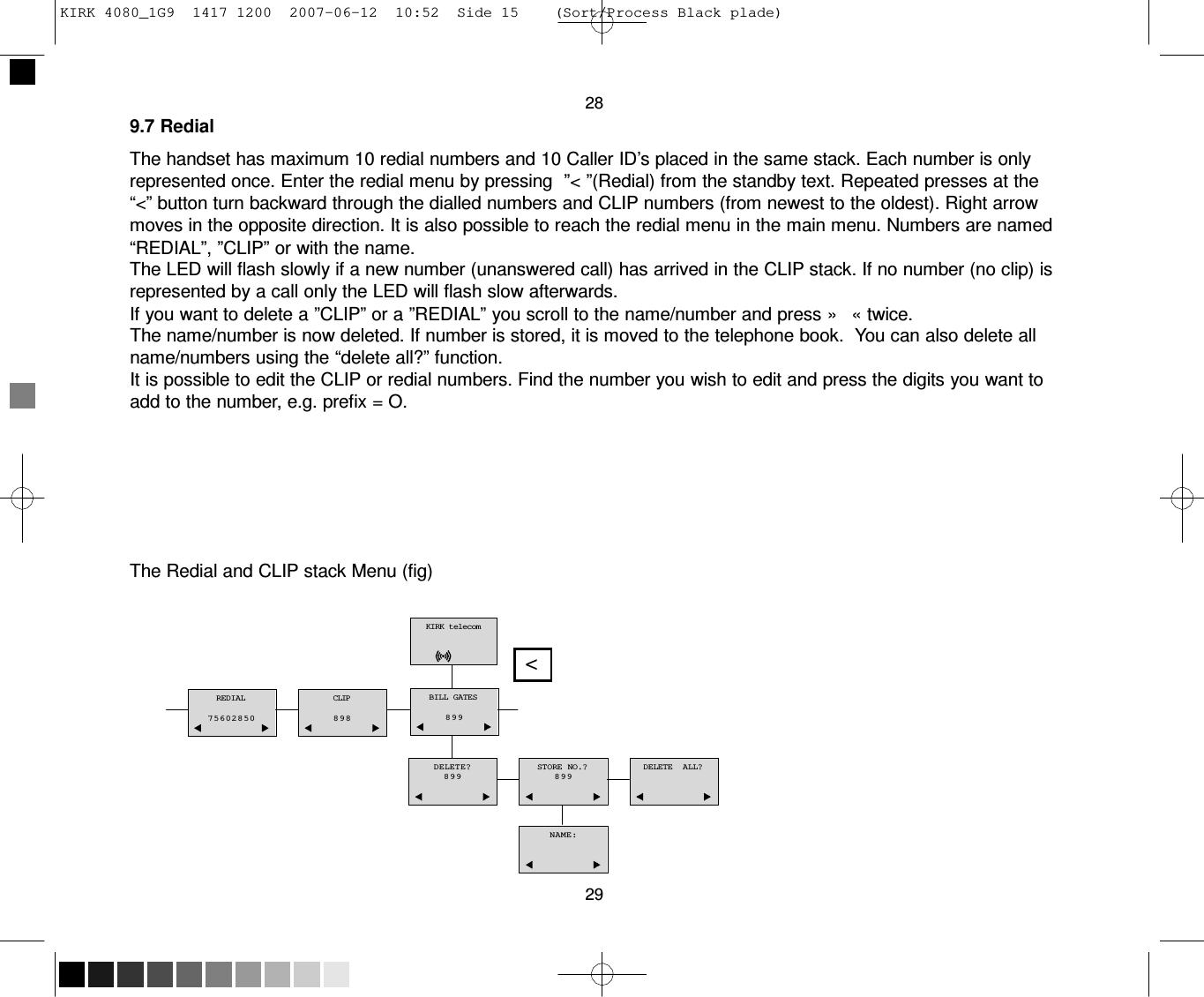 KIRK 4080_1G9  1417 1200  2007-06-12  10:52  Side 15    (Sort/Process Black plade)     28 9.7 Redial  The handset has maximum 10 redial numbers and 10 Caller ID’s placed in the same stack. Each number is only represented once. Enter the redial menu by pressing  ”&lt; ”(Redial) from the standby text. Repeated presses at the “&lt;” button turn backward through the dialled numbers and CLIP numbers (from newest to the oldest). Right arrow moves in the opposite direction. It is also possible to reach the redial menu in the main menu. Numbers are named “REDIAL”, ”CLIP” or with the name. The LED will flash slowly if a new number (unanswered call) has arrived in the CLIP stack. If no number (no clip) is represented by a call only the LED will flash slow afterwards. If you want to delete a ”CLIP” or a ”REDIAL” you scroll to the name/number and press »   « twice. The name/number is now deleted. If number is stored, it is moved to the telephone book.  You can also delete all name/numbers using the “delete all?” function. It is possible to edit the CLIP or redial numbers. Find the number you wish to edit and press the digits you want to add to the number, e.g. prefix = O.         The Redial and CLIP stack Menu (fig)   KIRK telecom  &lt;  REDIAL  75602850   CLIP  898   BILL GATES  899    DELETE? 899    STORE NO.? 899    DELETE  ALL?     NAME:    29 