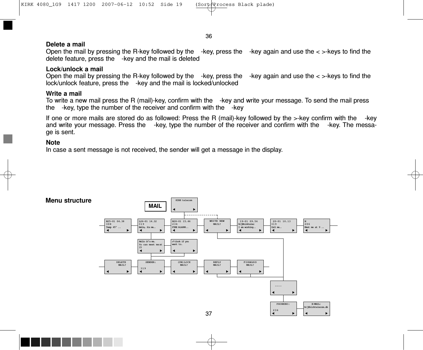 KIRK 4080_1G9  1417 1200  2007-06-12  10:52  Side 19    (Sort/Process Black plade)     36 Delete a mail Open the mail by pressing the R-key followed by the    -key, press the    -key again and use the &lt; &gt;-keys to find the delete feature, press the    -key and the mail is deleted  Lock/unlock a mail Open the mail by pressing the R-key followed by the    -key, press the    -key again and use the &lt; &gt;-keys to find the lock/unlock feature, press the    -key and the mail is locked/unlocked  Write a mail To write a new mail press the R (mail)-key, confirm with the    -key and write your message. To send the mail press the    -key, type the number of the receiver and confirm with the    -key If one or more mails are stored do as followed: Press the R (mail)-key followed by the &gt;-key confirm with the    -key and write your message. Press the    -key, type the number of the receiver and confirm with the    -key. The messa- ge is sent.  Note In case a sent message is not received, the sender will get a message in the display.        Menu structure          MAIL        KIRK telecom    N25-01 04.38 308  Temp 45° ..   L26-01 14.32 319  Hello, its me..   N28-01 15.46 236  FIRE ALARM..   WRITE NEW MAIL?   19-01 09.56 htj@kirktelec I am working..   20-01 10.13 319  Call me..   N 206  Meet me at 9 ..   Hello it’s me. Yo can meet me at 15   o’clock if you want to.   DELETE MAIL?   SENDER:  319    (UN)LOCK MAIL?   REPLY MAIL?   F O R W AR D MAIL?   - - - -   PHONENO:  236  37   E-MAIL: htj@kirktelecom.dk  