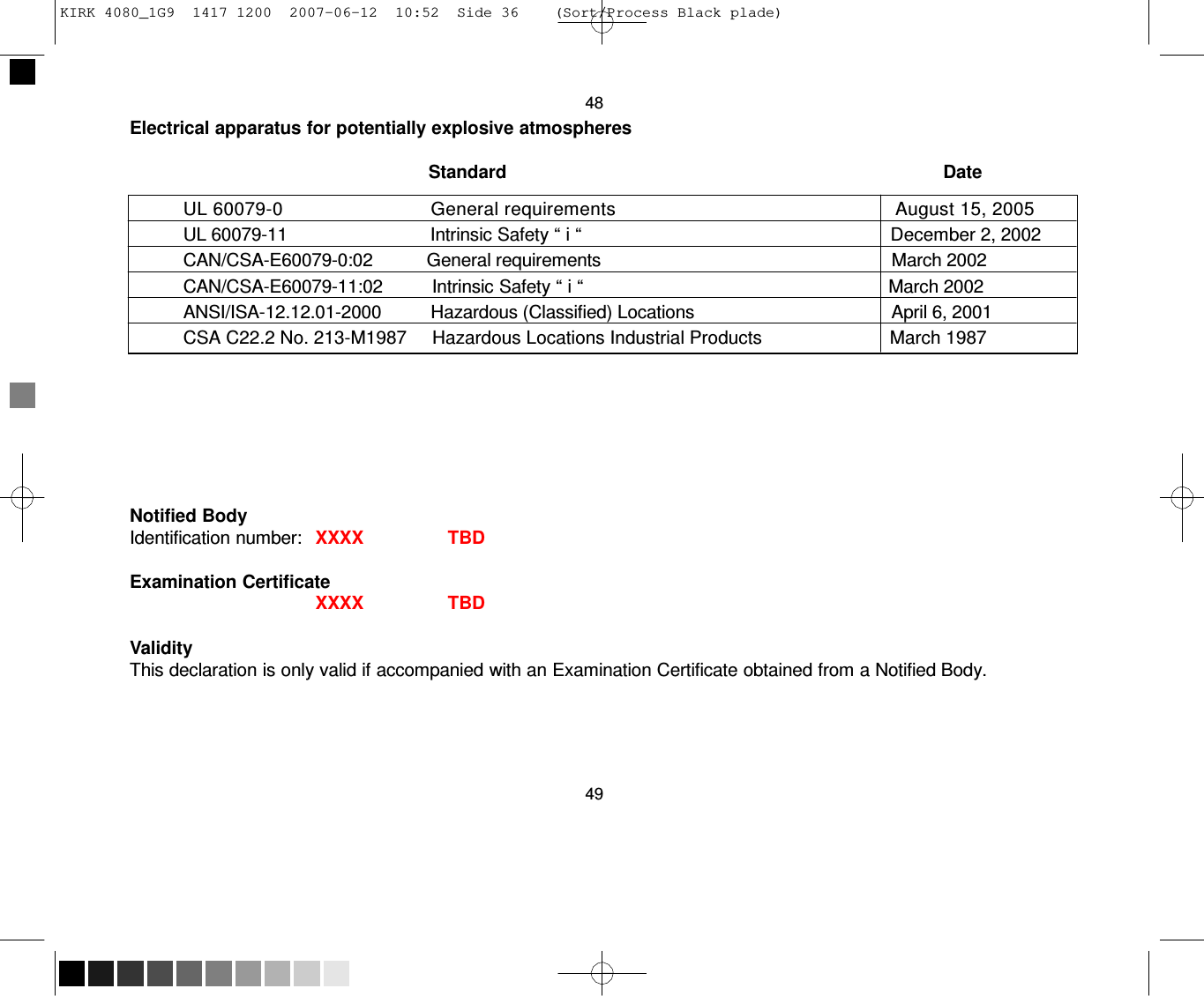 KIRK 4080_1G9  1417 1200  2007-06-12  10:52  Side 36    (Sort/Process Black plade)     48 Electrical apparatus for potentially explosive atmospheres  Standard                                                                                     Date  UL 60079-0                           General requirements                                                   August 15, 2005 UL 60079-11                            Intrinsic Safety “ i “                                                             December 2, 2002 CAN/CSA-E60079-0:02           General requirements                                                           March 2002 CAN/CSA-E60079-11:02          Intrinsic Safety “ i “                                                              March 2002 ANSI/ISA-12.12.01-2000          Hazardous (Classified) Locations                                        April 6, 2001 CSA C22.2 No. 213-M1987     Hazardous Locations Industrial Products                         March 1987          Notified Body Identification number: XXXX    TBD  Examination Certificate XXXX    TBD  Validity This declaration is only valid if accompanied with an Examination Certificate obtained from a Notified Body.       49 