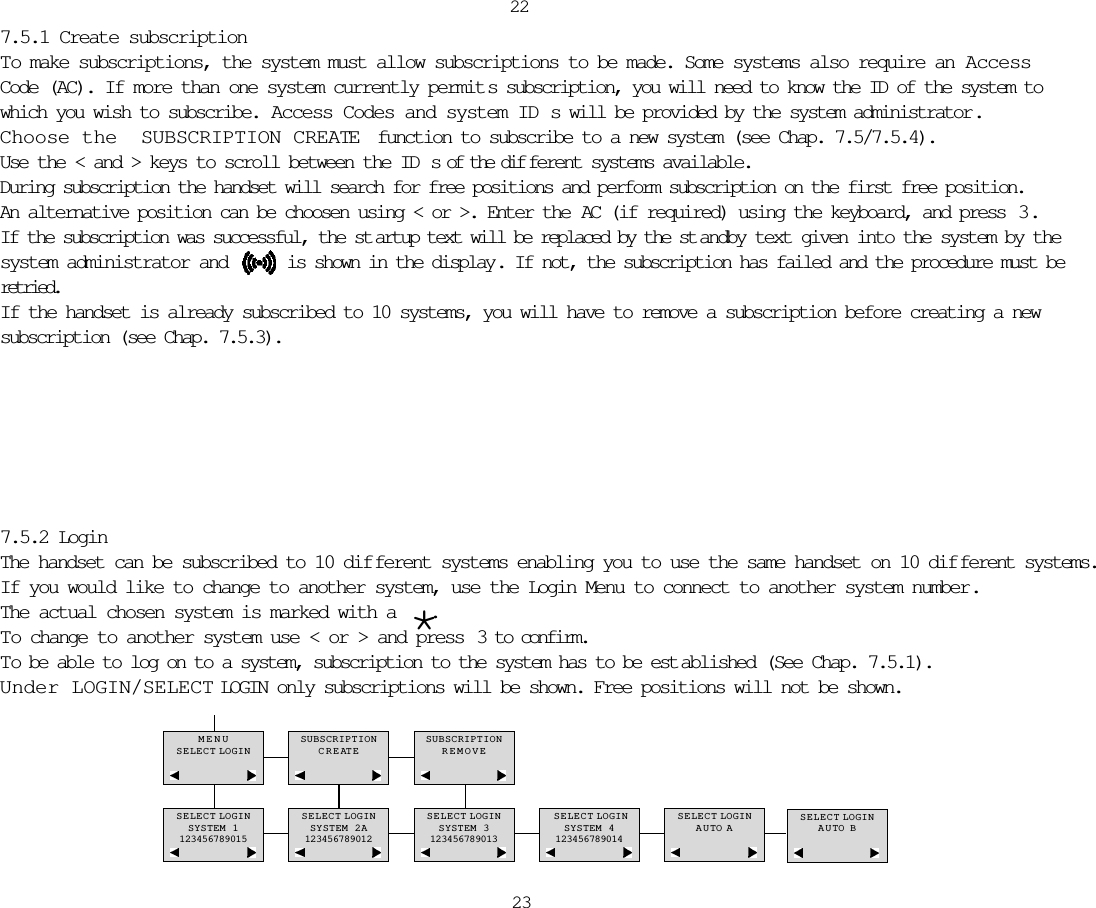 23227.5.2 LoginThe handset can be subscribed to 10 dif ferent systems enabling you to use the same handset on 10 dif ferent systems.If you would like to change to another system, use the Login Menu to connect to another system number.The actual chosen system is marked with a  *.To change to another system use &lt; or &gt; and press  3 to confirm.To be able to log on to a system, subscription to the system has to be est ablished (See Chap. 7.5.1).Under LOGIN/SELECT LOGIN only subscriptions will be shown. Free positions will not be shown.MENUSELECT LOGINSUBSCRIPTIONCREATESUBSCRIPTIONREMOVESELECT LOGINSYSTEM 1123456789015SELECT LOGINSYSTEM 2A123456789012SELECT LOGINSYSTEM 3123456789013SELECT LOGINSYSTEM 4123456789014SELECT LOGINAUTO ASELECT LOGINAUTO B7.5.1 Create subscriptionTo make subscriptions, the system must allow subscriptions to be made. Some systems also require an AccessCode (AC). If more than one system currently permit s subscription, you will need to know the ID of the system towhich you wish to subscribe. Access Codes and system IDs will be provided by the system administrator . Choose the SUBSCRIPTION CREATE function to subscribe to a new system (see Chap. 7.5/7.5.4).Use the &lt; and &gt; keys to scroll between the ID s of the dif ferent systems available. During subscription the handset will search for free positions and perform subscription on the first free position.An alternative position can be choosen using &lt; or &gt;. Enter the AC (if required) using the keyboard, and press  3 .If the subscription was successful, the st artup text will be replaced by the st andby text given into the system by thesystem administrator and  is shown in the display. If not, the subscription has failed and the procedure must beretried.If the handset is already subscribed to 10 systems, you will have to remove a subscription before creating a newsubscription (see Chap. 7.5.3).