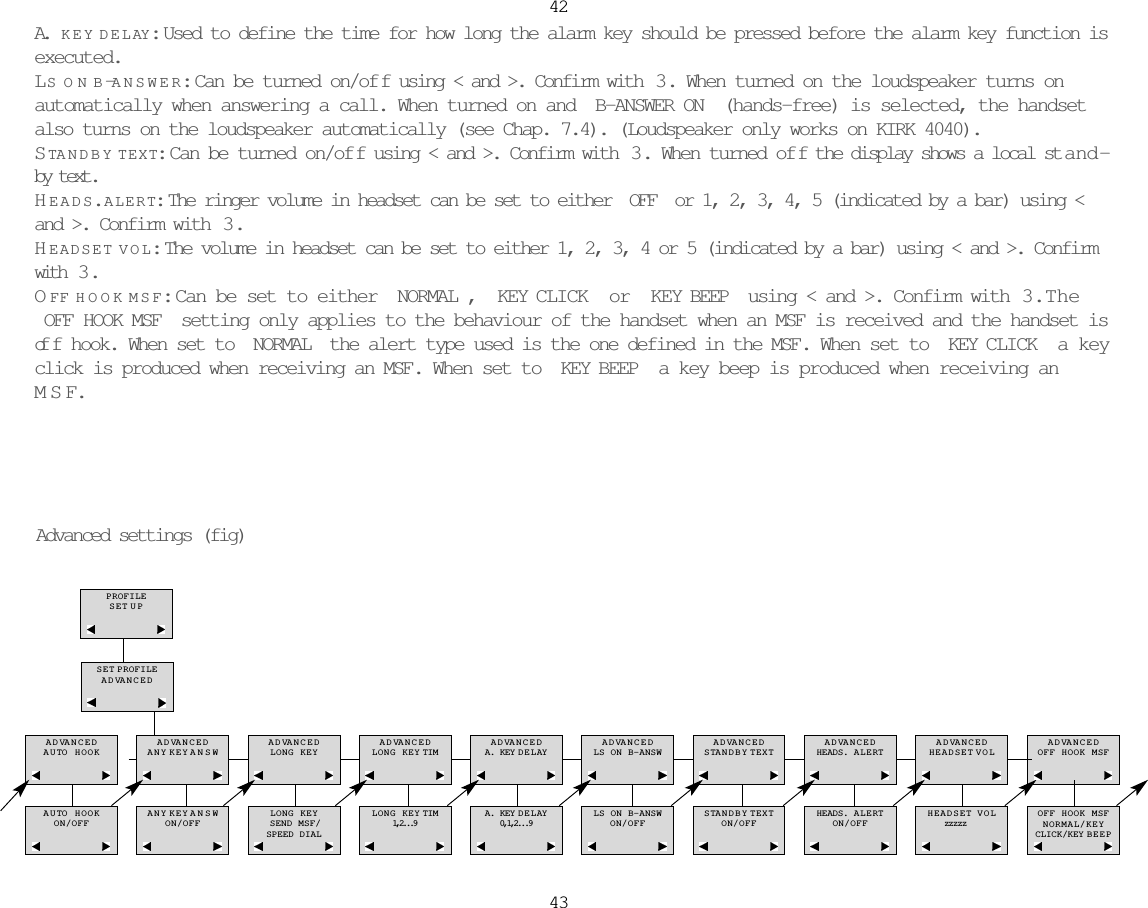 4243A.  KEY DELAY:Used to define the time for how long the alarm key should be pressed before the alarm key function isexecuted.LSONB-ANSWER:Can be turned on/of f using &lt; and &gt;. Confirm with  3 . When turned on the loudspeaker turns onautomatically when answering a call. When turned on and B-ANSWER ON (hands-free) is selected, the handsetalso turns on the loudspeaker automatically (see Chap. 7.4). (Loudspeaker only works on KIRK 4040).ST ANDBY TEXT:Can be turned on/of f using &lt; and &gt;. Confirm with  3 . When turned of f the display shows a local st and-by text.HEADS.  ALERT:The ringer volume in headset can be set to either OFF or 1, 2, 3, 4, 5 (indicated by a bar) using &lt;and &gt;. Confirm with  3 . HEADSET VOL:The volume in headset can be set to either 1, 2, 3, 4 or 5 (indicated by a bar) using &lt; and &gt;. Confirmwith  3 . OFF HOOK MSF:Can be set to either NORMAL, KEY CLICK or KEY BEEP using &lt; and &gt;. Confirm with  3.  TheOFF HOOK MSF setting only applies to the behaviour of the handset when an MSF is received and the handset isof f hook. When set to NORMAL the alert type used is the one defined in the MSF. When set to KEY CLICK a keyclick is produced when receiving an MSF. When set to KEY BEEP a key beep is produced when receiving anMSF.Advanced settings (fig)ADVANCEDAUTO HOOKADVANCEDANY KEY ANSWADVANCEDLONG KEYADVANCEDLONG KEY TIMADVANCEDA. KEY DELAYADVANCEDLS ON B-ANSWADVANCEDSTANDBY TEXTADVANCEDHEADS. ALERTAUTO HOOKON/OFFANY KEY ANSWON/OFFLONG KEYSEND MSF/SPEED DIALLONG KEY TIM1,2...9A. KEY DELAY0,1,2...9LS ON B-ANSWON/OFFSTANDBY TEXTON/OFFHEADS. ALERTON/OFFSET PROFILEADVANCEDADVANCEDHEADSET VOLHEADSET VOLzzzzzADVANCEDOFF HOOK MSFOFF HOOK MSFNORMAL/KEYCLICK/KEY BEEPPROFILESET UP