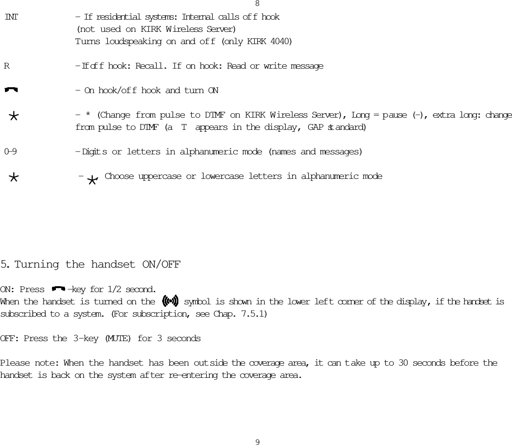 89INT - If residential systems: Internal calls of f hook(not used on KIRK W ireless Server)T urns loudspeaking on and of f (only KIRK 4040)R - If of f hook: Recall. If on hook: Read or write message  - On hook/of f hook and turn ON  * - * (Change from pulse to DTMF on KIRK W ireless Server), Long = p ause (-), extra long: change from pulse to DTMF (a T appears in the display, GAP st andard) 0-9 - Digit s or letters in alphanumeric mode (names and messages)  *  -  *, Choose uppercase or lowercase letters in alphanumeric mode5. T urning the handset ON/OFFON: Press  -key for 1/2 second.When the handset is turned on the  symbol is shown in the lower lef t corner of the display , if the handset issubscribed to a system. (For subscription, see Chap. 7.5.1)OFF: Press the  3-key (MUTE) for 3 secondsPlease note: When the handset has been out side the coverage area, it can t ake up to 30 seconds before thehandset is back on the system af ter re-entering the coverage area.