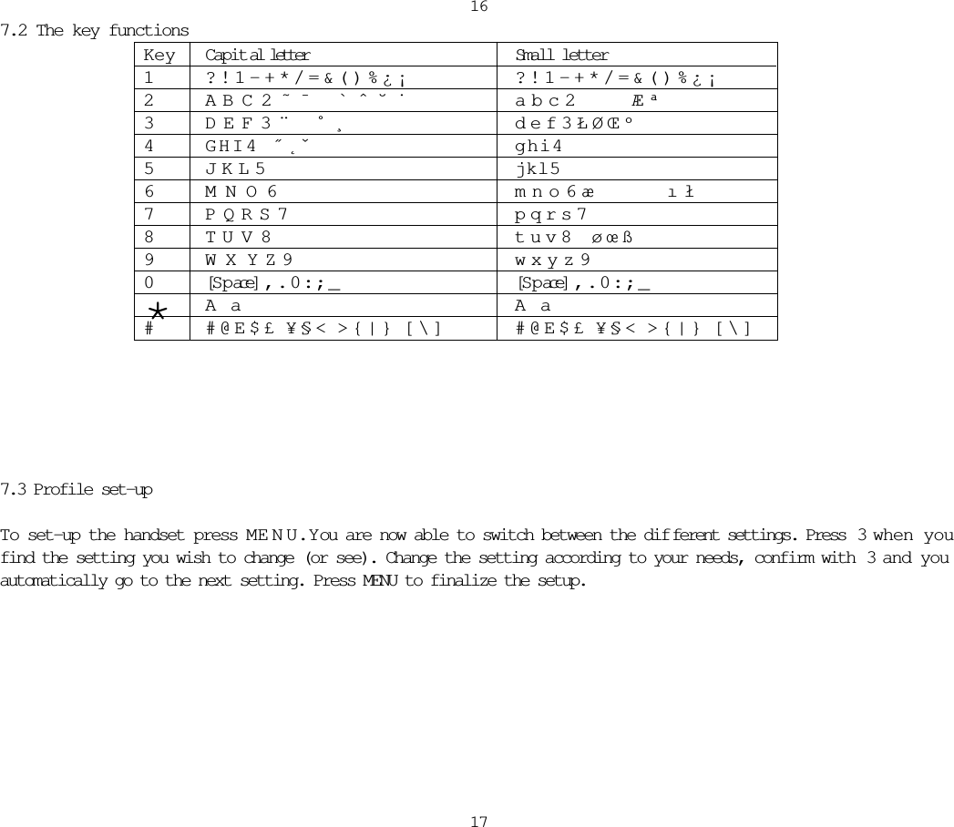 16177.2 The key functions Key Capit al letter Small letter1? ! 1 - + * / = &amp; ( ) % ¿ ¡ ? ! 1 - + * / = &amp; ( ) % ¿ ¡2 A B C 2 ˜ ¯  ` ˆ ˘ ˙ a b c 2    Æ ª  3D E F 3 ¨  ˚ ¸ d e f 3 Ł Ø Œ º4G H I 4  ˝ ˛ ˇ g h i 4    5J K L 5 j k l 56M N O 6        m n o 6 æ     ı ł7 P Q R S 7   p q r s 7 8 T U V 8     t u v 8  ø œ ß9W X Y Z 9 w x y z 90[S p ace] , . 0 : ; _     [S p ace] , . 0 : ; _    *A  a A  a## @ E $ £  ¥ § &lt;  &gt; { | }  [ \ ] # @ E $ £  ¥ § &lt;  &gt; { | }  [ \ ]7.3 Profile set-upTo set-up the handset press M ENU.  Y ou are now able to switch between the dif ferent settings. Press  3 when youfind the setting you wish to change (or see). Change the setting according to your needs, confirm with  3 and youautomatically go to the next setting. Press MENU to finalize the setup. 