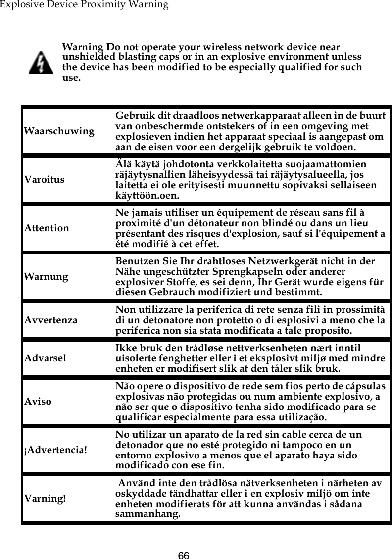 66Explosive Device Proximity Warning Warning Do not operate your wireless network device near unshielded blasting caps or in an explosive environment unless the device has been modified to be especially qualified for such use.Waarschuwing Gebruik dit draadloos netwerkapparaat alleen in de buurt van onbeschermde ontstekers of in een omgeving met explosieven indien het apparaat speciaal is aangepast om aan de eisen voor een dergelijk gebruik te voldoen.VaroitusÄlä käytä johdotonta verkkolaitetta suojaamattomien räjäytysnallien läheisyydessä tai räjäytysalueella, jos laitetta ei ole erityisesti muunnettu sopivaksi sellaiseen käyttöön.oen.Attention Ne jamais utiliser un équipement de réseau sans fil à proximité d&apos;un détonateur non blindé ou dans un lieu présentant des risques d&apos;explosion, sauf si l&apos;équipement a été modifié à cet effet. Warnung Benutzen Sie Ihr drahtloses Netzwerkgerät nicht in der Nähe ungeschützter Sprengkapseln oder anderer explosiver Stoffe, es sei denn, Ihr Gerät wurde eigens für diesen Gebrauch modifiziert und bestimmt. Avvertenza Non utilizzare la periferica di rete senza fili in prossimità di un detonatore non protetto o di esplosivi a meno che la periferica non sia stata modificata a tale proposito. Advarsel  Ikke bruk den trådløse nettverksenheten nært inntil uisolerte fenghetter eller i et eksplosivt miljø med mindre enheten er modifisert slik at den tåler slik bruk. AvisoNão opere o dispositivo de rede sem fios perto de cápsulas explosivas não protegidas ou num ambiente explosivo, a não ser que o dispositivo tenha sido modificado para se qualificar especialmente para essa utilização. ¡Advertencia! No utilizar un aparato de la red sin cable cerca de un detonador que no esté protegido ni tampoco en un entorno explosivo a menos que el aparato haya sido modificado con ese fin. Varning! Använd inte den trådlösa nätverksenheten i närheten av oskyddade tändhattar eller i en explosiv miljö om inte enheten modifierats för att kunna användas i sådana sammanhang. 