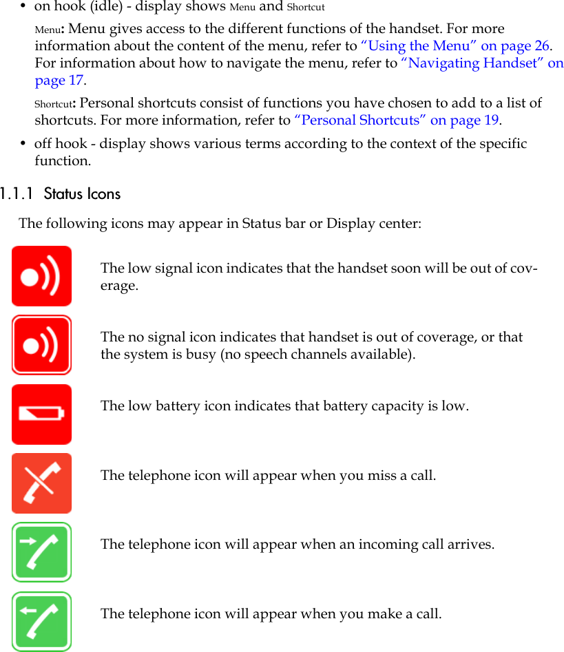 •  on hook (idle) - display shows Menu and ShortcutMenu: Menu gives access to the different functions of the handset. For more information about the content of the menu, refer to “Using the Menu” on page 26. For information about how to navigate the menu, refer to “Navigating Handset” on page 17.Shortcut: Personal shortcuts consist of functions you have chosen to add to a list of shortcuts. For more information, refer to “Personal Shortcuts” on page 19.•  off hook - display shows various terms according to the context of the specific function.1.1.1  Status IconsThe following icons may appear in Status bar or Display center:The low signal icon indicates that the handset soon will be out of cov-erage.The no signal icon indicates that handset is out of coverage, or that the system is busy (no speech channels available).The low battery icon indicates that battery capacity is low.The telephone icon will appear when you miss a call.The telephone icon will appear when an incoming call arrives.The telephone icon will appear when you make a call.