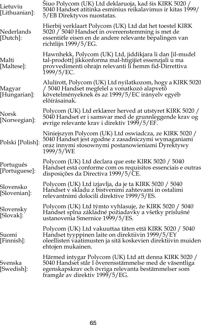 65Lietuviu [Lithuanian]:Šiuo Polycom (UK) Ltd deklaruoja, kad šis KIRK 5020 / 5040 Handset atitinka esminius reikalavimus ir kitas 1999/5/EB Direktyvos nuostatas.Nederlands [Dutch]:Hierbij verklaart Polycom (UK) Ltd dat het toestel KIRK 5020 / 5040 Handset in overeenstemming is met de essentiële eisen en de andere relevante bepalingen van richtlijn 1999/5/EG.Malti [Maltese]:Hawnhekk, Polycom (UK) Ltd, jiddikjara li dan [il-mudel tal-prodott] jikkonforma mal-htigijiet essenzjali u ma provvedimenti ohrajn relevanti li hemm fid-Dirrettiva 1999/5/EC.Magyar [Hungarian]:Alulírott, Polycom (UK) Ltd nyilatkozom, hogy a KIRK 5020 / 5040 Handset megfelel a vonatkozó alapvetõ követelményeknek és az 1999/5/EC irányelv egyéb elõírásainak.Norsk [Norwegian]:Polycom (UK) Ltd erklærer herved at utstyret KIRK 5020 / 5040 Handset er i samsvar med de grunnleggende krav og øvrige relevante krav i direktiv 1999/5/EF.Polski [Polish]:Niniejszym Polycom (UK) Ltd oswiadcza, ze KIRK 5020 / 5040 Handset jest zgodne z zasadniczymi wymaganiami oraz innymi stosownymi postanowieniami Dyrektywy 1999/5/WEPortuguês [Portuguese]:Polycom (UK) Ltd declara que este KIRK 5020 / 5040 Handset está conforme com os requisitos essenciais e outras disposições da Directiva 1999/5/CE.Slovensko [Slovenian]:Polycom (UK) Ltd izjavlja, da je ta KIRK 5020 / 5040 Handset v skladu z bistvenimi zahtevami in ostalimi relevantnimi dolocili direktive 1999/5/ES.Slovensky [Slovak]:Polycom (UK) Ltd týmto vyhlasuje, že KIRK 5020 / 5040 Handset splna základné požiadavky a všetky príslušné ustanovenia Smernice 1999/5/ES.Suomi [Finnish]:Polycom (UK) Ltd vakuuttaa täten että KIRK 5020 / 5040 Handset tyyppinen laite on direktiivin 1999/5/EY oleellisten vaatimusten ja sitä koskevien direktiivin muiden ehtojen mukainen.Svenska [Swedish]:Härmed intygar Polycom (UK) Ltd att denna KIRK 5020 / 5040 Handset står I överensstämmelse med de väsentliga egenskapskrav och övriga relevanta bestämmelser som framgår av direktiv 1999/5/EG.