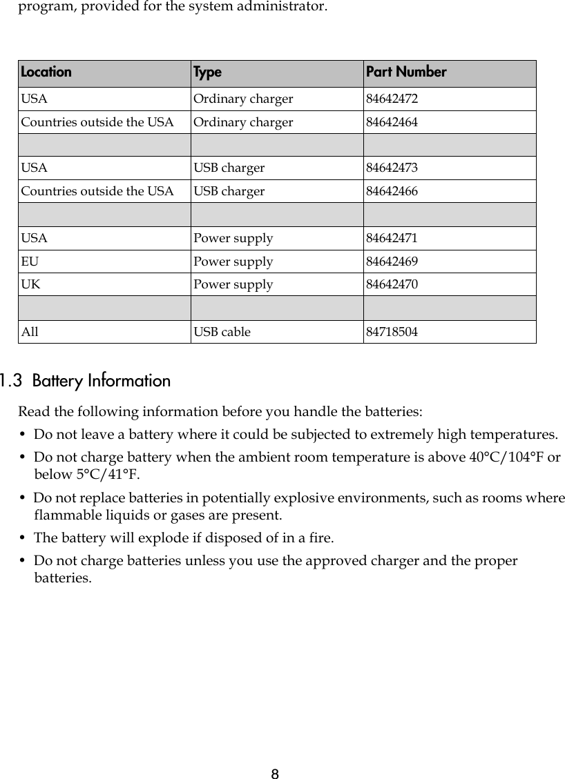 8program, provided for the system administrator.1.3  Battery InformationRead the following information before you handle the batteries:•  Do not leave a battery where it could be subjected to extremely high temperatures.•  Do not charge battery when the ambient room temperature is above 40°C/104°F or below 5°C/41°F. •  Do not replace batteries in potentially explosive environments, such as rooms where flammable liquids or gases are present.•  The battery will explode if disposed of in a fire.•  Do not charge batteries unless you use the approved charger and the proper batteries. Location Type Part NumberUSA Ordinary charger 84642472Countries outside the USA Ordinary charger 84642464USA USB charger 84642473Countries outside the USA USB charger 84642466USA Power supply 84642471EU Power supply 84642469UK Power supply 84642470All USB cable 84718504