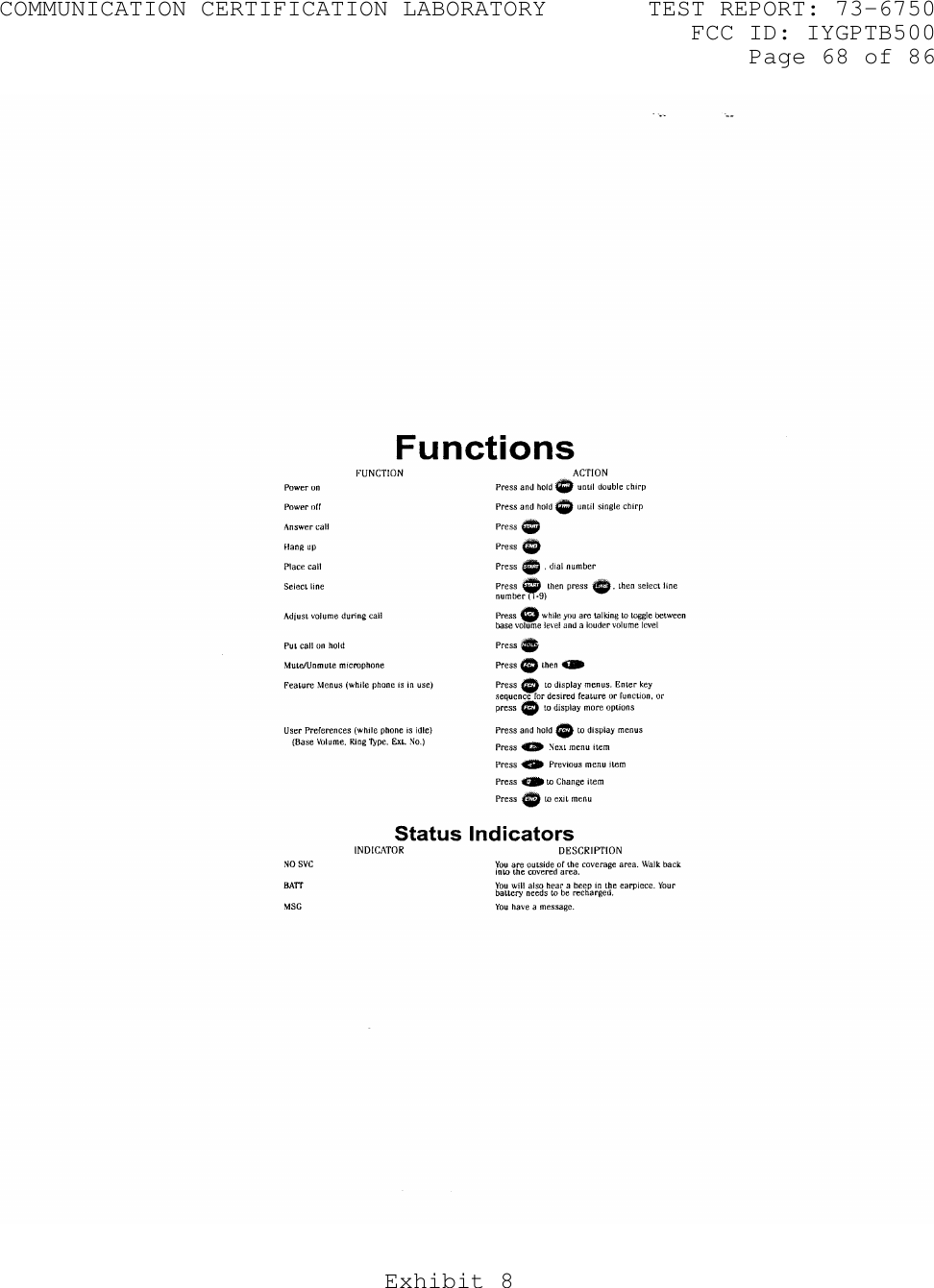 COMMUNICATION CERTIFICATION LABORATORY TEST REPORT: 73-6750FCC ID: IYGPTB500Page 68 of 86Exhibit 8