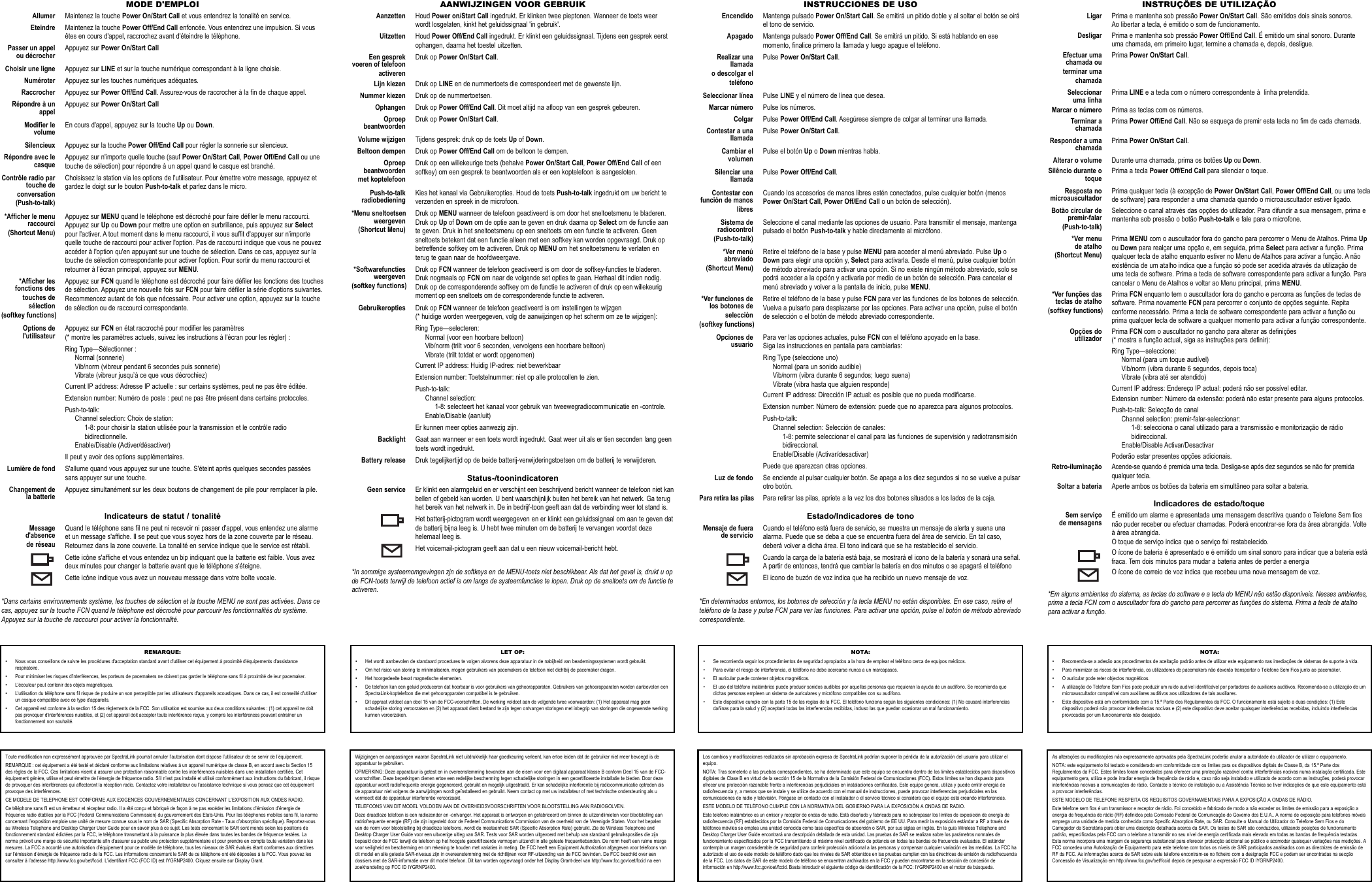 AANWIJZINGEN VOOR GEBRUIKAanzetten Houd Power on/Start Call ingedrukt. Er klinken twee pieptonen. Wanneer de toets weerwordt losgelaten, kinkt het geluidssignaal &apos;in gebruik&apos;.Uitzetten Houd Power Off/End Call ingedrukt. Er klinkt een geluidssignaal. Tijdens een gesprek eerstophangen, daarna het toestel uitzetten.Een gesprek Druk op Power On/Start Call.voeren of telefoonactiverenLijn kiezen Druk op LINE en de nummertoets die correspondeert met de gewenste lijn.Nummer kiezen Druk op de nummertoetsen.Ophangen Druk op Power Off/End Call. Dit moet altijd na afloop van een gesprek gebeuren.Oproep Druk op Power On/Start Call.beantwoordenVolume wijzigen Tijdens gesprek: druk op de toets Up of Down.Beltoon dempen Druk op Power Off/End Call om de beltoon te dempen.Oproep Druk op een willekeurige toets (behalve Power On/Start Call, Power Off/End Call of een beantwoorden softkey) om een gesprek te beantwoorden als er een koptelefoon is aangesloten.met koptelefoonPush-to-talk Kies het kanaal via Gebruikeropties. Houd de toets Push-to-talk ingedrukt om uw bericht te radiobediening verzenden en spreek in de microfoon.*Menu sneltoetsen Druk op MENU wanneer de telefoon geactiveerd is om door het sneltoetsmenu te bladeren.weergeven Druk op Up of Down om de optie aan te geven en druk daarna op Select om de functie aan (Shortcut Menu) te geven. Druk in het sneltoetsmenu op een sneltoets om een functie te activeren. Geen sneltoets betekent dat een functie alleen met een softkey kan worden opgevraagd. Druk op betreffende softkey om te activeren. Druk op MENU om het sneltoetsmenu te verlaten en terug te gaan naar de hoofdweergave.*Softwarefuncties Druk op FCN wanneer de telefoon geactiveerd is om door de softkey-functies te bladeren. weergeven Druk nogmaals op FCN om naar de volgende set opties te gaan. Herhaal dit indien nodig. (softkey functions) Druk op de corresponderende softkey om de functie te activeren of druk op een willekeurig moment op een sneltoets om de corresponderende functie te activeren.Gebruikeropties Druk op FCN wanneer de telefoon geactiveerd is om instellingen te wijzgen (* huidige worden weergegeven, volg de aanwijzingen op het scherm om ze te wijzigen):Ring Type—selecteren:Normal (voor een hoorbare beltoon)Vib/norm (trilt voor 6 seconden, vervolgens een hoorbare beltoon)Vibrate (trilt totdat er wordt opgenomen)  Current IP address: Huidig IP-adres: niet bewerkbaarExtension number: Toetstelnummer: niet op alle protocollen te zien.Push-to-talk:Channel selection:1-8: selecteert het kanaal voor gebruik van tweewegradiocommunicatie en -controle.Enable/Disable (aan/uit)Er kunnen meer opties aanwezig zijn.Backlight Gaat aan wanneer er een toets wordt ingedrukt. Gaat weer uit als er tien seconden lang geentoets wordt ingedrukt.Battery release Druk tegelijkertijd op de beide batterij-verwijderingstoetsen om de batterij te verwijderen.Status-/toonindicatorenGeen service Er klinkt een alarmgeluid en er verschijnt een beschrijvend bericht wanneer de telefoon niet kanbellen of gebeld kan worden. U bent waarschijnlijk buiten het bereik van het netwerk. Ga terughet bereik van het netwerk in. De in bedrijf-toon geeft aan dat de verbinding weer tot stand is.Het batterij-pictogram wordt weergegeven en er klinkt een geluidssignaal om aan te geven datde batterij bijna leeg is. U hebt twee minuten om de batterij te vervangen voordat dezehelemaal leeg is.Het voicemail-pictogram geeft aan dat u een nieuw voicemail-bericht hebt.*In sommige systeemomgevingen zjn de softkeys en de MENU-toets niet beschikbaar. Als dat het geval is, drukt u opde FCN-toets terwijl de telefoon actief is om langs de systeemfuncties te lopen. Druk op de sneltoets om de functie teactiveren.MODE D&apos;EMPLOIAllumer Maintenez la touche Power On/Start Call et vous entendrez la tonalité en service.Eteindre Maintenez la touche Power Off/End Call enfoncée. Vous entendrez une impulsion. Si vousêtes en cours d&apos;appel, raccrochez avant d&apos;éteindre le téléphone.Passer un appel Appuyez sur Power On/Start Callou décrocherChoisir une ligne Appuyez sur LINE et sur la touche numérique correspondant à la ligne choisie.Numéroter Appuyez sur les touches numériques adéquates.Raccrocher Appuyez sur Power Off/End Call. Assurez-vous de raccrocher à la fin de chaque appel.Répondre à un Appuyez sur Power On/Start CallappelModifier le En cours d&apos;appel, appuyez sur la touche Up ou Down.volumeSilencieux Appuyez sur la touche Power Off/End Call pour régler la sonnerie sur silencieux.Répondre avec le Appuyez sur n&apos;importe quelle touche (sauf Power On/Start Call, Power Off/End Call ou une casque touche de sélection) pour répondre à un appel quand le casque est branché.Contrôle radio par Choisissez la station via les options de l&apos;utilisateur. Pour émettre votre message, appuyez et touche de gardez le doigt sur le bouton Push-to-talk et parlez dans le micro.conversation(Push-to-talk)*Afficher le menu Appuyez sur MENU quand le téléphone est décroché pour faire défiler le menu raccourci. raccourci Appuyez sur Up ou Down pour mettre une option en surbrillance, puis appuyez sur Select (Shortcut Menu) pour l&apos;activer. A tout moment dans le menu raccourci, il vous suffit d&apos;appuyer sur n&apos;importe quelle touche de raccourci pour activer l&apos;option. Pas de raccourci indique que vous ne pouvez accéder à l&apos;option qu&apos;en appuyant sur une touche de sélection. Dans ce cas, appuyez sur la touche de sélection correspondante pour activer l&apos;option. Pour sortir du menu raccourci et retourner à l&apos;écran principal, appuyez sur MENU.*Afficher les Appuyez sur FCN quand le téléphone est décroché pour faire défiler les fonctions des touches fonctions des de sélection. Appuyez une nouvelle fois sur FCN pour faire défiler la série d&apos;options suivantes.touches de Recommencez autant de fois que nécessaire. Pour activer une option, appuyez sur la touchesélection de sélection ou de raccourci correspondante.(softkey functions)Options de Appuyez sur FCN en état raccroché pour modifier les paramètres l&apos;utilisateur (* montre les paramètres actuels, suivez les instructions à l&apos;écran pour les régler) :Ring Type—Sélectionner :Normal (sonnerie)Vib/norm (vibreur pendant 6 secondes puis sonnerie)Vibrate (vibreur jusqu’à ce que vous décrochiez)  Current IP address: Adresse IP actuelle : sur certains systèmes, peut ne pas être éditée.Extension number: Numéro de poste : peut ne pas être présent dans certains protocoles. Push-to-talk:Channel selection: Choix de station:1-8: pour choisir la station utilisée pour la transmission et le contrôle radiobidirectionnelle.Enable/Disable (Activer/désactiver)Il peut y avoir des options supplémentaires.Lumière de fond S&apos;allume quand vous appuyez sur une touche. S&apos;éteint après quelques secondes passéessans appuyer sur une touche.Changement de Appuyez simultanément sur les deux boutons de changement de pile pour remplacer la pile.la batterieIndicateurs de statut / tonalitéMessage Quand le téléphone sans fil ne peut ni recevoir ni passer d&apos;appel, vous entendez une alarme d&apos;absence et un message s&apos;affiche. Il se peut que vous soyez hors de la zone couverte par le réseau. de réseau Retournez dans la zone couverte. La tonalité en service indique que le service est rétabli.Cette icône s&apos;affiche et vous entendez un bip indiquant que la batterie est faible. Vous avezdeux minutes pour changer la batterie avant que le téléphone s&apos;éteigne.Cette icône indique vous avez un nouveau message dans votre boîte vocale.*Dans certains environnements système, les touches de sélection et la touche MENU ne sont pas activées. Dans cecas, appuyez sur la touche FCN quand le téléphone est décroché pour parcourir les fonctionnalités du système.Appuyez sur la touche de raccourci pour activer la fonctionnalité. INSTRUCCIONES DE USOEncendido Mantenga pulsado Power On/Start Call. Se emitirá un pitido doble y al soltar el botón se oiráel tono de servicio.Apagado Mantenga pulsado Power Off/End Call. Se emitirá un pitido. Si está hablando en esemomento, finalice primero la llamada y luego apague el teléfono.Realizar una Pulse Power On/Start Call.llamadao descolgar elteléfonoSeleccionar línea Pulse LINE y el número de línea que desea.Marcar número Pulse los números.Colgar Pulse Power Off/End Call. Asegúrese siempre de colgar al terminar una llamada.Contestar a una Pulse Power On/Start Call.llamadaCambiar el  Pulse el botón Up o Down mientras habla.volumenSilenciar una Pulse Power Off/End Call.llamadaContestar con Cuando los accesorios de manos libres estén conectados, pulse cualquier botón (menos función de manos Power On/Start Call, Power Off/End Call o un botón de selección).libresSistema de Seleccione el canal mediante las opciones de usuario. Para transmitir el mensaje, mantenga radiocontrol pulsado el botón Push-to-talk y hable directamente al micrófono.(Push-to-talk)*Ver menú  Retire el teléfono de la base y pulse MENU para acceder al menú abreviado. Pulse Up o abreviado Down para elegir una opción y, Select para activarla. Desde el menú, pulse cualquier botón (Shortcut Menu) de método abreviado para activar una opción. Si no existe ningún método abreviado, solo sepodrá acceder a la opción y activarla por medio de un botón de selección. Para cancelar el menú abreviado y volver a la pantalla de inicio, pulse MENU.*Ver funciones de Retire el teléfono de la base y pulse FCN para ver las funciones de los botones de selección. los botones de Vuelva a pulsarlo para desplazarse por las opciones. Para activar una opción, pulse el botón selección de selección o el botón de método abreviado correspondiente.(softkey functions)Opciones de Para ver las opciones actuales, pulse FCN con el teléfono apoyado en la base. usuario Siga las instrucciones en pantalla para cambiarlas:Ring Type (seleccione uno)Normal (para un sonido audible)Vib/norm (vibra durante 6 segundos; luego suena)Vibrate (vibra hasta que alguien responde)  Current IP address: Dirección IP actual: es posible que no pueda modificarse.Extension number: Número de extensión: puede que no aparezca para algunos protocolos.Push-to-talk:Channel selection: Selección de canales:1-8: permite seleccionar el canal para las funciones de supervisión y radiotransmisiónbidireccional.Enable/Disable (Activar/desactivar)Puede que aparezcan otras opciones.Luz de fondo Se enciende al pulsar cualquier botón. Se apaga a los diez segundos si no se vuelve a pulsarotro botón.Para retira las pilas Para retirar las pilas, apriete a la vez los dos botones situados a los lados de la caja.Estado/Indicadores de tonoMensaje de fuera Cuando el teléfono está fuera de servicio, se muestra un mensaje de alerta y suena una de servicio alarma. Puede que se deba a que se encuentra fuera del área de servicio. En tal caso, deberá volver a dicha área. El tono indicará que se ha restablecido el servicio.Cuando la carga de la batería está baja, se mostrará el icono de la batería y sonará una señal.A partir de entonces, tendrá que cambiar la batería en dos minutos o se apagará el teléfonoEl icono de buzón de voz indica que ha recibido un nuevo mensaje de voz.*En determinados entornos, los botones de selección y la tecla MENU no están disponibles. En ese caso, retire elteléfono de la base y pulse FCN para ver las funciones. Para activar una opción, pulse el botón de método abreviadocorrespondiente.INSTRUÇÕES DE UTILIZAÇÃOLigar Prima e mantenha sob pressão Power On/Start Call. São emitidos dois sinais sonoros. Ao libertar a tecla, é emitido o som de funcionamento.Desligar Prima e mantenha sob pressão Power Off/End Call. É emitido um sinal sonoro. Durante uma chamada, em primeiro lugar, termine a chamada e, depois, desligue.Efectuar uma Prima Power On/Start Call.chamada outerminar umachamadaSeleccionar Prima LINE e a tecla com o número correspondente à  linha pretendida.uma linhaMarcar o número Prima as teclas com os números.Terminar a Prima Power Off/End Call. Não se esqueça de premir esta tecla no fim de cada chamada.chamadaResponder a uma Prima Power On/Start Call.chamadaAlterar o volume Durante uma chamada, prima os botões Up ou Down.Silêncio durante o Prima a tecla Power Off/End Call para silenciar o toque.toqueResposta no Prima qualquer tecla (à excepção de Power On/Start Call, Power Off/End Call, ou uma tecla microauscultador de software) para responder a uma chamada quando o microauscultador estiver ligado.Botão circular de Seleccione o canal através das opções do utilizador. Para difundir a sua mensagem, prima e premir-falar mantenha sob pressão o botão Push-to-talk e fale para o microfone.(Push-to-talk)*Ver menu Prima MENU com o auscultador fora do gancho para percorrer o Menu de Atalhos. Prima Upde atalho ou Down para realçar uma opção e, em seguida, prima Select para activar a função. Prima (Shortcut Menu) qualquer tecla de atalho enquanto estiver no Menu de Atalhos para activar a função. A não existência de um atalho indica que a função só pode ser acedida através da utilização de uma tecla de software. Prima a tecla de software correspondente para activar a função. Para cancelar o Menu de Atalhos e voltar ao Menu principal, prima MENU.*Ver funções das Prima FCN enquanto tem o auscultador fora do gancho e percorra as funções de teclas de teclas de atalho software. Prima novamente FCN para percorrer o conjunto de opções seguinte. Repita (softkey functions) conforme necessário. Prima a tecla de software correspondente para activar a função ou prima qualquer tecla de software a qualquer momento para activar a função correspondente.Opções do Prima FCN com o auscultador no gancho para alterar as definições utilizador (* mostra a função actual, siga as instruções para definir):Ring Type—seleccione:Normal (para um toque audível)Vib/norm (vibra durante 6 segundos, depois toca)Vibrate (vibra até ser atendido)  Current IP address: Endereço IP actual: poderá não ser possível editar.Extension number: Número da extensão: poderá não estar presente para alguns protocolos.Push-to-talk: Selecção de canalChannel selection: premir-falar-seleccionar:1-8: selecciona o canal utilizado para a transmissão e monitorização de rádio bidireccional.Enable/Disable Activar/DesactivarPoderão estar presentes opções adicionais.Retro-iluminação Acende-se quando é premida uma tecla. Desliga-se após dez segundos se não for premidaqualquer tecla.Soltar a bateria Aperte ambos os botões da bateria em simultâneo para soltar a bateria.Indicadores de estado/toqueSem serviço É emitido um alarme e apresentada uma mensagem descritiva quando o Telefone Sem fios de mensagens não puder receber ou efectuar chamadas. Poderá encontrar-se fora da área abrangida. Volte à área abrangida. O toque de serviço indica que o serviço foi restabelecido.O ícone de bateria é apresentado e é emitido um sinal sonoro para indicar que a bateria estáfraca. Tem dois minutos para mudar a bateria antes de perder a energiaO ícone de correio de voz indica que recebeu uma nova mensagem de voz.*Em alguns ambientes do sistema, as teclas do software e a tecla do MENU não estão disponíveis. Nesses ambientes,prima a tecla FCN com o auscultador fora do gancho para percorrer as funções do sistema. Prima a tecla de atalhopara activar a função.LET OP:• Het wordt aanbevolen de standaard procedures te volgen alvorens deze apparatuur in de nabijheid van beademingssystemen wordt gebruikt.• Om het risico van storing te minimaliseren, mogen gebruikers van pacemakers de telefoon niet dichtbij de pacemaker dragen.• Het hoorgedeelte bevat magnetische elementen.• De telefoon kan een geluid produceren dat hoorbaar is voor gebruikers van gehoorapparaten. Gebruikers van gehoorapparaten worden aanbevolen eenSpectraLink-koptelefoon die met gehoorapparaten compatibel is te gebruiken. • Dit appraat voldoet aan deel 15 van de FCC-voorschriften. De werking voldoet aan de volgende twee voorwaarden: (1) Het apparaat mag geenschadelijke storing veroorzaken en (2) het apparaat dient bestand te zijn tegen ontvangen storingen met inbegrip van storingen die ongewenste werkingkunnen veroorzaken.REMARQUE:• Nous vous conseillons de suivre les procédures d&apos;acceptation standard avant d&apos;utiliser cet équipement à proximité d&apos;équipements d&apos;assistancerespiratoire.• Pour minimiser les risques d&apos;interférences, les porteurs de pacemakers ne doivent pas garder le téléphone sans fil à proximité de leur pacemaker.• L&apos;écouteur peut contenir des objets magnétiques.• L&apos;utilisation du téléphone sans fil risque de produire un son perceptible par les utilisateurs d&apos;appareils acoustiques. Dans ce cas, il est conseillé d&apos;utiliserun casque compatible avec ce type d&apos;appareils. • Cet appareil est conforme à la section 15 des règlements de la FCC. Son utilisation est soumise aux deux conditions suivantes : (1) cet appareil ne doitpas provoquer d&apos;interférences nuisibles, et (2) cet appareil doit accepter toute interférence reçue, y compris les interférences pouvant entraîner unfonctionnement non souhaité.NOTA:• Se recomienda seguir los procedimientos de seguridad apropiados a la hora de emplear el teléfono cerca de equipos médicos.• Para evitar el riesgo de interferencia, el teléfono no debe acercarse nunca a un marcapasos.• El auricular puede contener objetos magnéticos.• El uso del teléfono inalámbrico puede producir sonidos audibles por aquellas personas que requieran la ayuda de un audífono. Se recomienda quedichas personas empleen un sistema de auriculares y micrófono compatibles con su audífono. • Este dispositivo cumple con la parte 15 de las reglas de la FCC. El teléfono funciona según las siguientes condiciones: (1) No causará interferenciasdañinas para la salud y (2) aceptará todas las interferencias recibidas, incluso las que puedan ocasionar un mal funcionamiento.NOTA:• Recomenda-se a adesão aos procedimentos de aceitação padrão antes de utilizar este equipamento nas imediações de sistemas de suporte à vida.• Para minimizar os riscos de interferência, os utilizadores de pacemakers não deverão transportar o Telefone Sem Fios junto ao pacemaker.• O auricular pode reter objectos magnéticos.• A utilização do Telefone Sem Fios pode produzir um ruído audível identificável por portadores de auxiliares auditivos. Recomenda-se a utilização de ummicroauscultador compatível com auxiliares auditivos aos utilizadores de tais auxiliares. • Este dispositivo está em conformidade com a 15.ª Parte dos Regulamentos da FCC. O funcionamento está sujeito a duas condições: (1) Estedispositivo poderá não provocar interferências nocivas e (2) este dispositivo deve aceitar quaisquer interferências recebidas, incluindo interferênciasprovocadas por um funcionamento não desejado.Toute modification non expressément approuvée par SpectraLink pourrait annuler l’autorisation dont dispose l’utilisateur de se servir de l’équipement.REMARQUE : cet équipement a été testé et déclaré conforme aux limitations relatives à un appareil numérique de classe B, en accord avec la Section 15des règles de la FCC. Ces limitations visent à assurer une protection raisonnable contre les interférences nuisibles dans une installation certifiée. Cetéquipement génère, utilise et peut émettre de l’énergie de fréquence radio. S’il n’est pas installé et utilisé conformément aux instructions du fabricant, il risquede provoquer des interférences qui affecteront la réception radio. Contactez votre installateur ou l’assistance technique si vous pensez que cet équipementprovoque des interférences.CE MODELE DE TELEPHONE EST CONFORME AUX EXIGENCES GOUVERNEMENTALES CONCERNANT L’EXPOSITION AUX ONDES RADIO. Ce téléphone sans fil est un émetteur et récepteur radio. Il a été conçu et fabriqué de façon à ne pas excéder les limitations d’émission d’énergie defréquence radio établies par la FCC (Federal Communications Commission) du gouvernement des Etats-Unis. Pour les téléphones mobiles sans fil, la normeconcernant l’exposition emploie une unité de mesure connue sous le nom de SAR (Specific Absorption Rate - Taux d’absorption spécifique). Reportez-vousau Wireless Telephone and Desktop Charger User Guide pour en savoir plus à ce sujet. Les tests concernant le SAR sont menés selon les positions defonctionnement standard édictées par la FCC, le téléphone transmettant à la puissance la plus élevée dans toutes les bandes de fréquence testées. Lanorme prévoit une marge de sécurité importante afin d’assurer au public une protection supplémentaire et pour prendre en compte toute variation dans lesmesures. La FCC a accordé une autorisation d’équipement pour ce modèle de téléphone, tous les niveaux de SAR évalués étant conformes aux directivessur l’émission d’énergie de fréquence radio de la FCC. Les informations concernant le SAR de ce téléphone ont été déposées à la FCC. Vous pouvez lesconsulter à l’adresse http://www.fcc.gov/oet/fccid. L’identifiant FCC (FCC ID) est IYGRNP2400. Cliquez ensuite sur Display Grant.Wijzigingen en aanpassingen waaran SpectraLink niet uitdrukkelijk haar goedkeuring verleent, kan ertoe leiden dat de gebruiker niet meer bevoegd is deapparatuur te gebruiken.OPMERKING: Deze apparatuur is getest en in overeenstemming bevonden aan de eisen voor een digitaal apparaat klasse B conform Deel 15 van de FCC-voorschriften. Deze beperkingen dienen ertoe een redelijke bescherming tegen schadelijke storingen in een gecertificeerde installatie te bieden. Door dezeapparatuur wordt radiofrequente energie gegenereerd, gebruikt en mogelijk uitgestraald. Er kan schadelijke interferentie bij radiocommunicatie optreden alsde apparatuur niet volgens de aanwijzingen wordt geïnstalleerd en gebruikt. Neem contact op met uw installateur of met technische ondersteuning als uvermoedt dat de apparatuur interferentie veroorzaakt.TELEFOONS VAN DIT MODEL VOLDOEN AAN DE OVERHEIDSVOORSCHRIFTEN VOOR BLOOTSTELLING AAN RADIOGOLVEN. Deze draadloze telefoon is een radiozender en -ontvanger. Het apparaat is ontworpen en gefabriceerd om binnen de uitzendlimieten voor blootstelling aanradriofrequente energie (RF) die zijn ingesteld door de Federel Communications Commission van de overheid van de Verenigde Staten. Voor het bepalenvan de norm voor blootstelling bij draadloze telefoons, wordt de meeteenheid SAR (Specific Absorption Rate) gebruikt. Zie de Wireless Telephone andDesktop Charger User Guide voor een uitvoerige uitleg van SAR. Tests voor SAR worden uitgevoerd met behulp van standaard gebruiksposities die zijnbepaald door de FCC terwijl de telefoon op het hoogste gecertificeerde vermogen uitzendt in alle geteste frequentiebanden. De norm heeft een ruime margevoor veiligheid en bescherming en om rekening te houden met variaties in meting. De FCC heeft een Equipment Authorization afgegeven voor telefoons vandit model en alle geteste SAR-niveaus zijn in overeenstemming met de richtlijnen voor RF-uitzending van de FCC bevinden. De FCC beschikt over eendossiers met de SAR-informatie over dit model telefoon. Dit kan worden opgevraagd onder het Display Grant-deel van http://www.fcc.gov/oet/fccid na eenzoekhandeling op FCC ID IYGRNP2400.Los cambios y modificaciones realizados sin aprobación expresa de SpectraLink podrían suponer la pérdida de la autorización del usuario para utilizar elequipo.NOTA: Tras someterlo a las pruebas correspondientes, se ha determinado que este equipo se encuentra dentro de los límites establecidos para dispositivosdigitales de Clase B en virtud de la sección 15 de la Normativa de la Comisión Federal de Comunicaciones (FCC). Estos límites se han dispuesto paraofrecer una protección razonable frente a interferencias perjudiciales en instalaciones certificadas. Este equipo genera, utiliza y puede emitir energía deradiofrecuencia y, a menos que se instale y se utilice de acuerdo con el manual de instrucciones, puede provocar interferencias perjudiciales en lascomunicaciones de radio y televisión. Póngase en contacto con el instalador o el servicio técnico si considera que el equipo está creando interferencias.ESTE MODELO DE TELÉFONO CUMPLE CON LA NORMATIVA DEL GOBIERNO PARA LA EXPOSICIÓN A ONDAS DE RADIO. Este teléfono inalámbrico es un emisor y receptor de ondas de radio. Está diseñado y fabricado para no sobrepasar los límites de exposición de energía deradiofrecuencia (RF) establecidos por la Comisión Federal de Comunicaciones del gobierno de EE UU. Para medir la exposición estándar a RF a través deteléfonos móviles se emplea una unidad conocida como tasa específica de absorción o SAR, por sus siglas en inglés. En la guía Wireless Telephone andDesktop Charger User Guide encontrará una descripción detallada de esta unidad. Las pruebas de SAR se realizan sobre los parámetros normales defuncionamiento especificados por la FCC transmitiendo al máximo nivel certificado de potencia en todas las bandas de frecuencia evaluadas. El estándarcontempla un margen considerable de seguridad para conferir protección adicional a las personas y compensar cualquier variación en las medidas. La FCC haautorizado el uso de este modelo de teléfono dado que los niveles de SAR obtenidos en las pruebas cumplen con las directrices de emisión de radiofrecuenciade la FCC. Los datos de SAR de este modelo de teléfono se encuentran archivados en la FCC y pueden encontrarse en la sección de concesión deinformación en http://www.fcc.gov/oet/fccid. Basta introducir el siguiente código de identificación de la FCC: IYGRNP2400 en el motor de búsqueda.As alterações ou modificações não expressamente aprovadas pela SpectraLink poderão anular a autoridade do utilizador de utilizar o equipamento.NOTA: este equipamento foi testado e considerado em conformidade com os limites para os dispositivos digitais de Classe B, da 15.º Parte dosRegulamentos da FCC. Estes limites foram concebidos para oferecer uma protecção razoável contra interferências nocivas numa instalação certificada. Esteequipamento gera, utiliza e pode irradiar energia de frequência de rádio e, caso não seja instalado e utilizado de acordo com as instruções, poderá provocarinterferências nocivas a comunicações de rádio. Contacte o técnico de instalação ou a Assistência Técnica se tiver indicações de que este equipamento estáa provocar interferências.ESTE MODELO DE TELEFONE RESPEITA OS REQUISITOS GOVERNAMENTAIS PARA A EXPOSIÇÃO A ONDAS DE RÁDIO. Este telefone sem fios é um transmissor e receptor de rádio. Foi concebido e fabricado de modo a não exceder os limites de emissão para a exposição aenergia de frequência de rádio (RF) definidos pela Comissão Federal de Comunicação do Governo dos E.U.A.. A norma de exposição para telefones móveisemprega uma unidade de medida conhecida como Specific Absorption Rate, ou SAR. Consulte o Manual do Utilizador do Telefone Sem Fios e doCarregador de Secretária para obter uma descrição detalhada acerca da SAR. Os testes de SAR são conduzidos, utilizando posições de funcionamentopadrão, especificadas pela FCC com o telefone a transmitir no seu nível de energia certificada mais elevado em todas as bandas de frequência testadas.Esta norma incorpora uma margem de segurança substancial para oferecer protecção adicional ao público e acomodar quaisquer variações nas medições. AFCC concedeu uma Autorização de Equipamento para este telefone com todos os níveis de SAR participados analisados com as directrizes de emissão deRF da FCC. As informações acerca de SAR sobre este telefone encontram-se no ficheiro com a designação FCC e podem ser encontradas na secçãoConcessão de Visualização em http://www.fcc.gov/oet/fccid depois de pesquisar a expressão FCC ID IYGRNP2400.