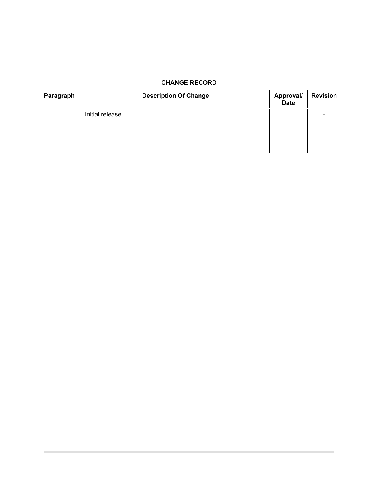           CHANGE RECORD Paragraph Description Of Change Approval/Date Revision  Initial release   -                  