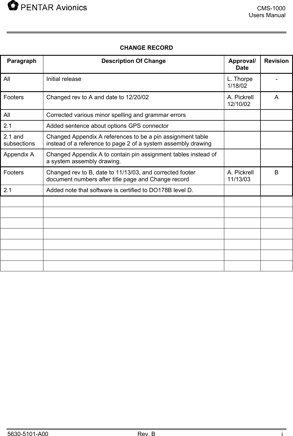  CMS-1000 Users Manual    5630-5101-A00 Rev. B  i CHANGE RECORD Paragraph Description Of Change Approval/Date RevisionAll  Initial release  L. Thorpe 1/18/02 - Footers  Changed rev to A and date to 12/20/02  A. Pickrell 12/10/02 A All  Corrected various minor spelling and grammar errors     2.1  Added sentence about options GPS connector     2.1 and subsections Changed Appendix A references to be a pin assignment table instead of a reference to page 2 of a system assembly drawing   Appendix A  Changed Appendix A to contain pin assignment tables instead of a system assembly drawing.   Footers  Changed rev to B, date to 11/13/03, and corrected footer document numbers after title page and Change record A. Pickrell 11/13/03 B 2.1  Added note that software is certified to DO178B level D.                                                      