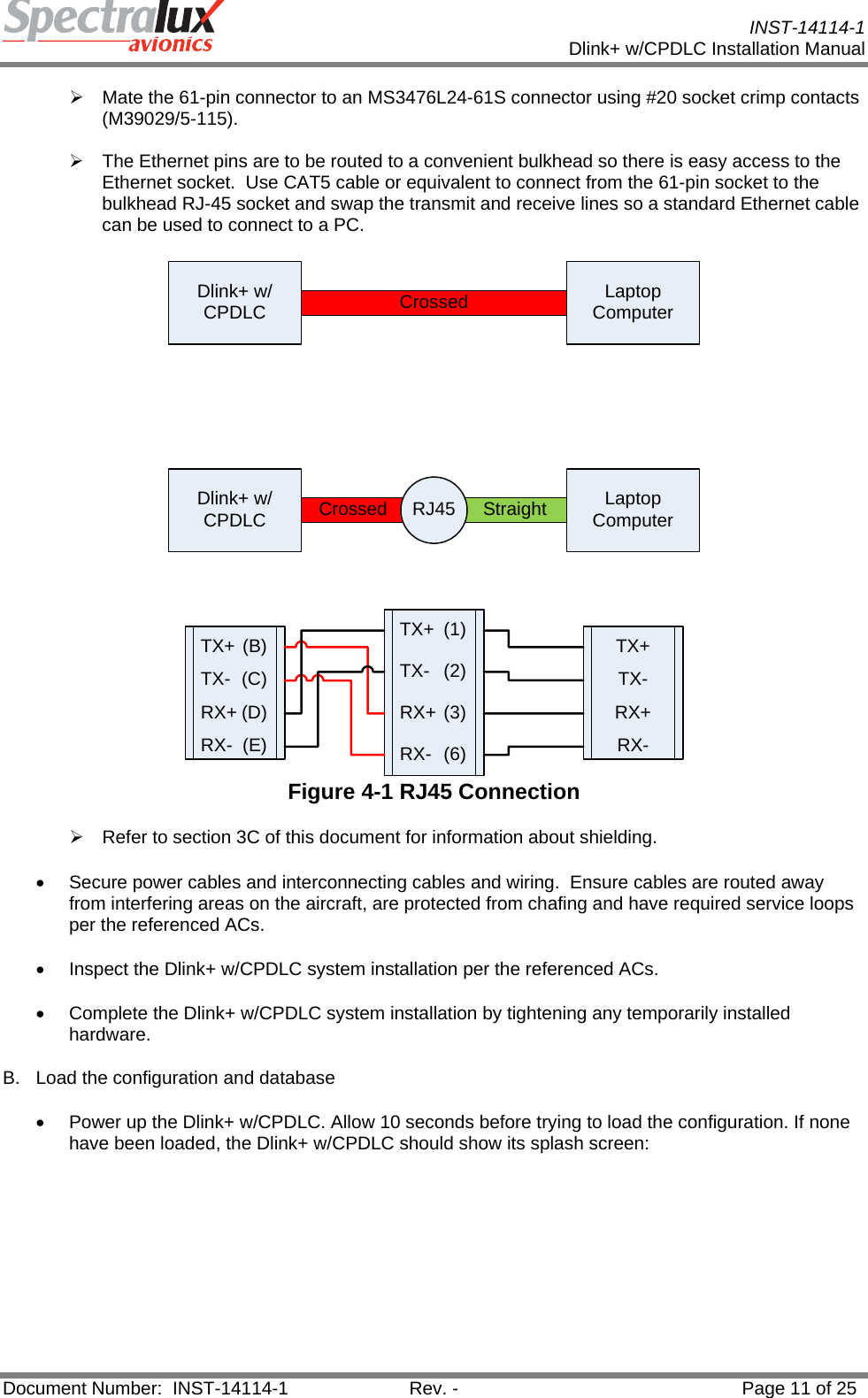           INST-14114-1 Dlink+ w/CPDLC Installation Manual  Document Number:  INST-14114-1  Rev. -  Page 11 of 25  ¾  Mate the 61-pin connector to an MS3476L24-61S connector using #20 socket crimp contacts (M39029/5-115).   ¾  The Ethernet pins are to be routed to a convenient bulkhead so there is easy access to the Ethernet socket.  Use CAT5 cable or equivalent to connect from the 61-pin socket to the bulkhead RJ-45 socket and swap the transmit and receive lines so a standard Ethernet cable can be used to connect to a PC. Dlink+ w/CPDLCDlink+ w/CPDLCLaptop ComputerLaptop ComputerCrossed StraightRJ45CrossedTX+ (B)TX- (C)RX+ (D)RX- (E)TX+ (1)TX- (2)RX+ (3)RX- (6)TX+TX-RX+RX- Figure 4-1 RJ45 Connection ¾  Refer to section 3C of this document for information about shielding. •  Secure power cables and interconnecting cables and wiring.  Ensure cables are routed away from interfering areas on the aircraft, are protected from chafing and have required service loops per the referenced ACs. •  Inspect the Dlink+ w/CPDLC system installation per the referenced ACs. •  Complete the Dlink+ w/CPDLC system installation by tightening any temporarily installed hardware. B.  Load the configuration and database •  Power up the Dlink+ w/CPDLC. Allow 10 seconds before trying to load the configuration. If none have been loaded, the Dlink+ w/CPDLC should show its splash screen: 