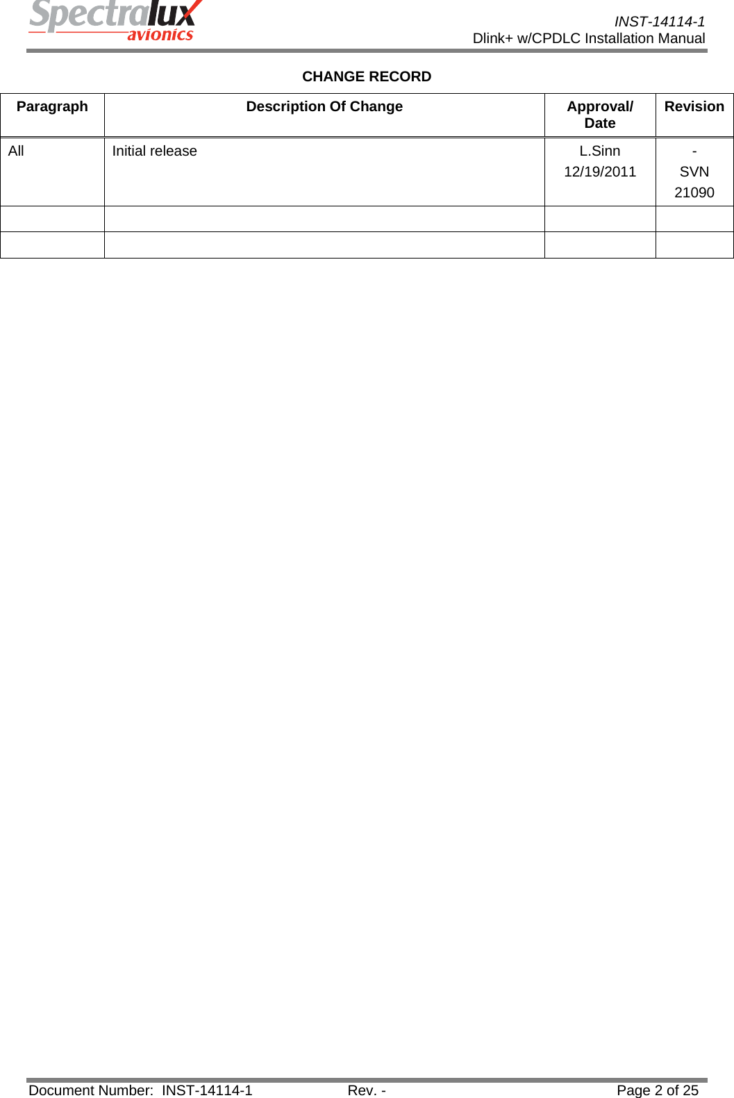           INST-14114-1 Dlink+ w/CPDLC Installation Manual  Document Number:  INST-14114-1  Rev. -  Page 2 of 25  CHANGE RECORD Paragraph Description Of Change  Approval/ Date  Revision All Initial release  L.Sinn 12/19/2011 - SVN 21090              