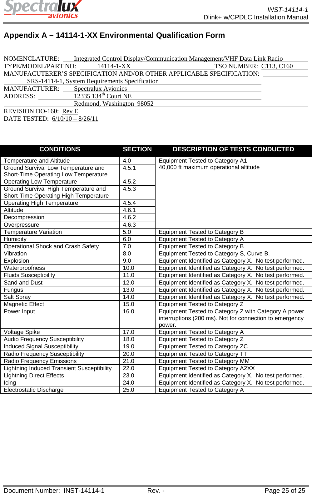           INST-14114-1 Dlink+ w/CPDLC Installation Manual  Document Number:  INST-14114-1  Rev. -  Page 25 of 25  Appendix A – 14114-1-XX Environmental Qualification Form  NOMENCLATURE:    Integrated Control Display/Communication Management/VHF Data Link Radio    TYPE/MODEL/PART NO:    14114-1-XX        TSO NUMBER:   C113, C160    MANUFACUTERER’S SPECIFICATION AND/OR OTHER APPLICABLE SPECIFICATION:        SRS-14114-1, System Requirements Specification      MANUFACTURER:   Spectralux Avionics       ADDRESS:      12335 134th Court NE          Redmond, Washington  98052        REVISION DO-160:  Rev E DATE TESTED:  6/10/10 – 8/26/11    CONDITIONS  SECTION DESCRIPTION OF TESTS CONDUCTED Temperature and Altitude  4.0  Equipment Tested to Category A1 40,000 ft maximum operational altitude Ground Survival Low Temperature and Short-Time Operating Low Temperature  4.5.1 Operating Low Temperature 4.5.2 Ground Survival High Temperature and Short-Time Operating High Temperature  4.5.3 Operating High Temperature 4.5.4 Altitude 4.6.1 Decompression 4.6.2 Overpressure 4.6.3 Temperature Variation  5.0  Equipment Tested to Category B Humidity  6.0  Equipment Tested to Category A Operational Shock and Crash Safety  7.0  Equipment Tested to Category B Vibration  8.0  Equipment Tested to Category S, Curve B. Explosion  9.0  Equipment Identified as Category X.  No test performed. Waterproofness  10.0  Equipment Identified as Category X.  No test performed. Fluids Susceptibility  11.0  Equipment Identified as Category X.  No test performed. Sand and Dust  12.0  Equipment Identified as Category X.  No test performed. Fungus  13.0  Equipment Identified as Category X.  No test performed. Salt Spray  14.0  Equipment Identified as Category X.  No test performed. Magnetic Effect  15.0  Equipment Tested to Category Z Power Input  16.0  Equipment Tested to Category Z with Category A power interruptions (200 ms). Not for connection to emergency power. Voltage Spike  17.0  Equipment Tested to Category A Audio Frequency Susceptibility  18.0  Equipment Tested to Category Z Induced Signal Susceptibility  19.0  Equipment Tested to Category ZC Radio Frequency Susceptibility  20.0  Equipment Tested to Category TT Radio Frequency Emissions  21.0  Equipment Tested to Category MM Lightning Induced Transient Susceptibility  22.0  Equipment Tested to Category A2XX Lightning Direct Effects  23.0  Equipment Identified as Category X.  No test performed. Icing  24.0  Equipment Identified as Category X.  No test performed. Electrostatic Discharge  25.0  Equipment Tested to Category A  