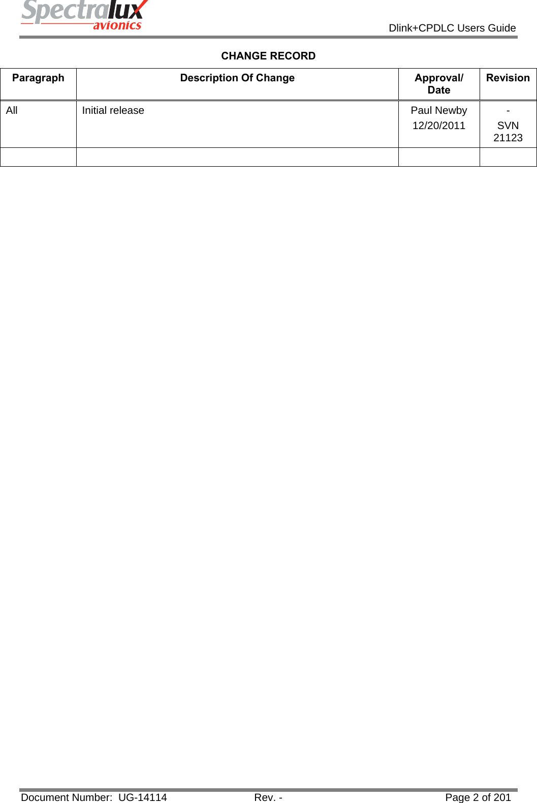            Dlink+CPDLC Users Guide  Document Number:  UG-14114  Rev. -  Page 2 of 201  CHANGE RECORD Paragraph Description Of Change  Approval/ Date Revision All  Initial release  Paul Newby 12/20/2011  - SVN 21123         