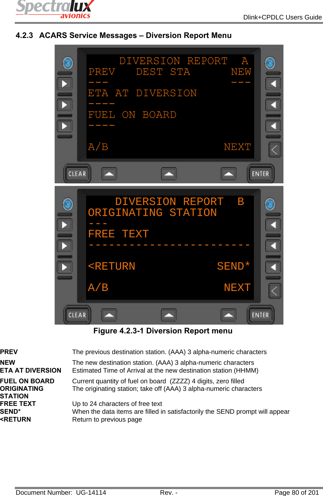            Dlink+CPDLC Users Guide  Document Number:  UG-14114  Rev. -  Page 80 of 201  4.2.3  ACARS Service Messages – Diversion Report Menu  DIVERSION REPORT  BORIGINATING STATION---FREE TEXT------------------------&lt;RETURN            SEND*A/B NEXT Figure 4.2.3-1 Diversion Report menu  PREV  The previous destination station. (AAA) 3 alpha-numeric characters NEW  The new destination station. (AAA) 3 alpha-numeric characters ETA AT DIVERSION  Estimated Time of Arrival at the new destination station (HHMM) FUEL ON BOARD  Current quantity of fuel on board  (ZZZZ) 4 digits, zero filled ORIGINATING STATION The originating station; take off (AAA) 3 alpha-numeric characters FREE TEXT  Up to 24 characters of free text SEND*  When the data items are filled in satisfactorily the SEND prompt will appear &lt;RETURN  Return to previous page    